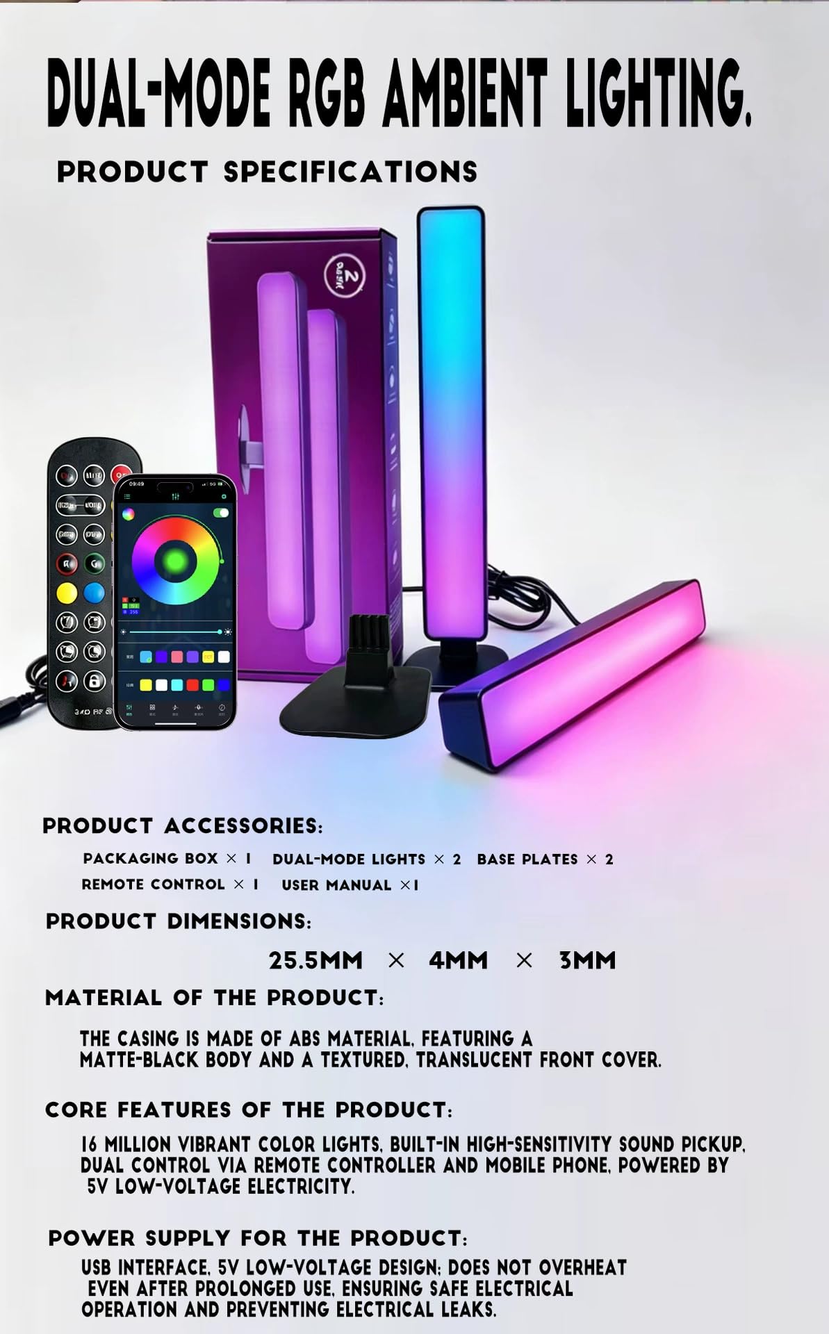 Lot de 2 barres lumineuses RVB avec contrôle du son, synchronisation de la musique, lumière d'ambiance LED avec 16 millions de couleurs, modes dynamiques et contrôle par application, lumières de jeu