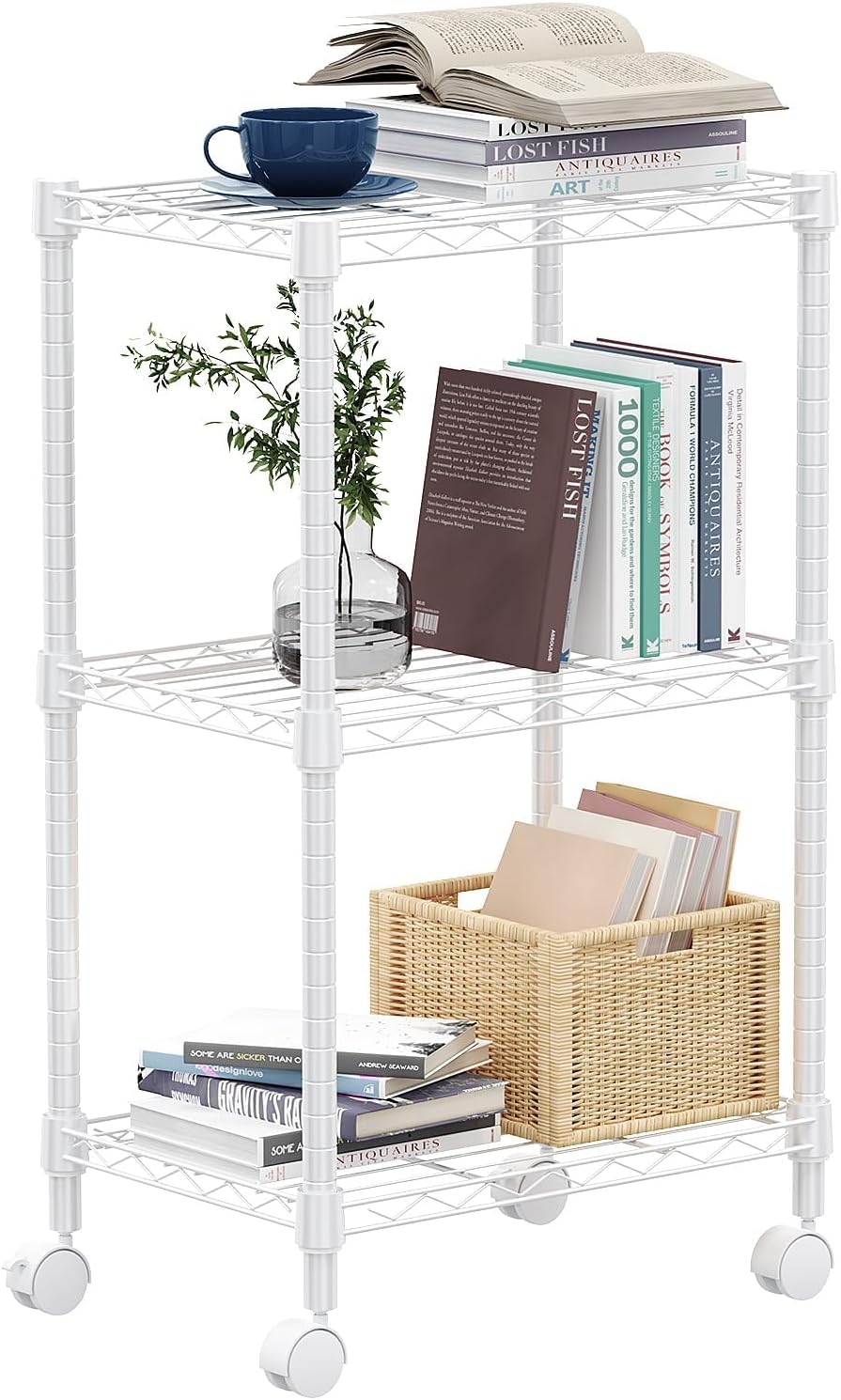 3 Tier Shelf Metal Storage Shelves Wire Rack Closet Organizers with Wheel for Garage Kitchen Bathroom Laundry White 11.8″ D x 17.7″ W x 29.8″ H
