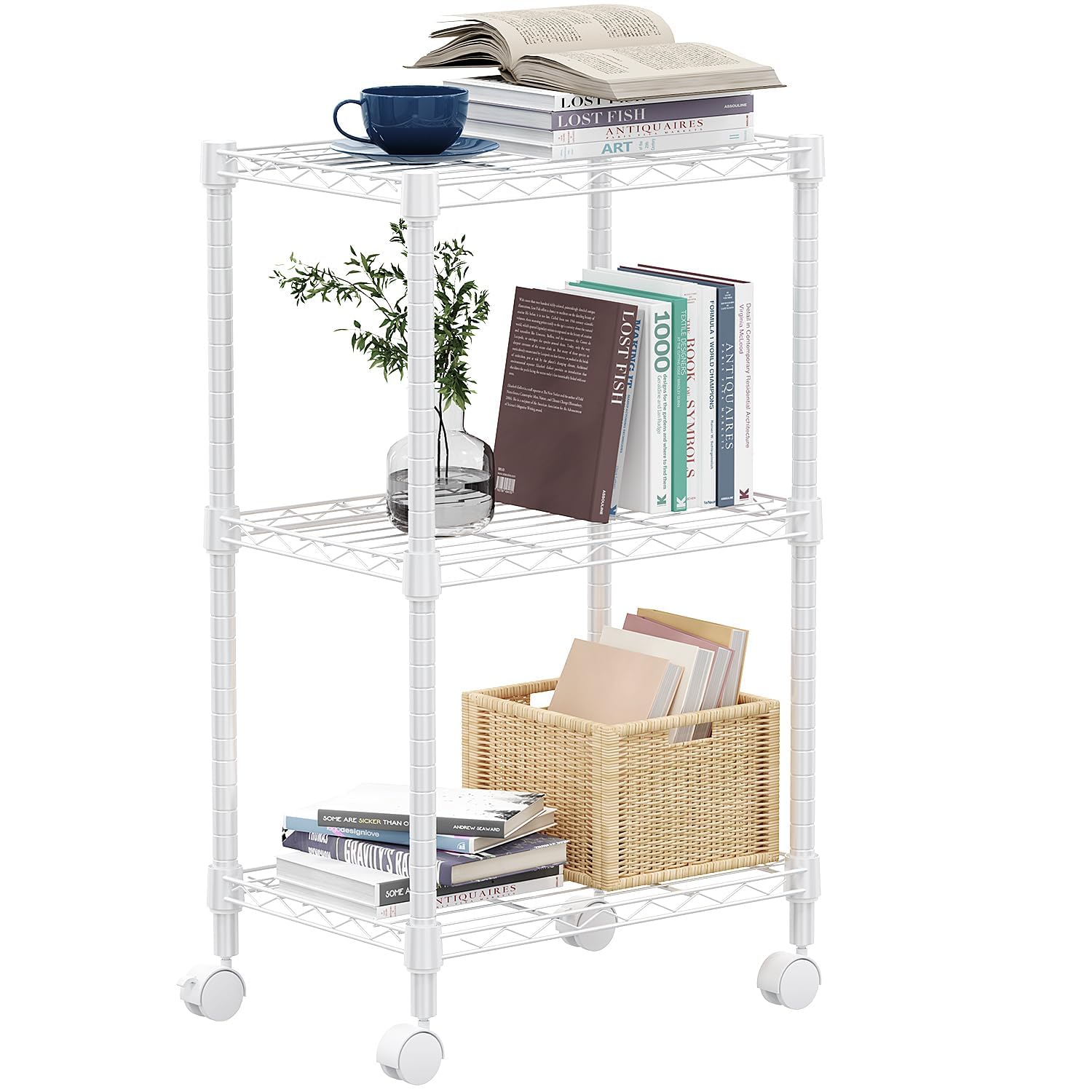 MZG 3 Tier Shelf Metal Storage Shelves Wire Rack Closet Organizers with Wheel for Garage Kitchen Bathroom Laundry White 30x45x75.7cm — image 1