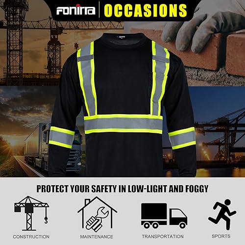 Miniatura 7 de FONIRRA Camiseta de seguridad de manga larga reflectante de alta visibilidad, camisa de trabajo de construcción ANSI Clase 2 para hombres (negro,