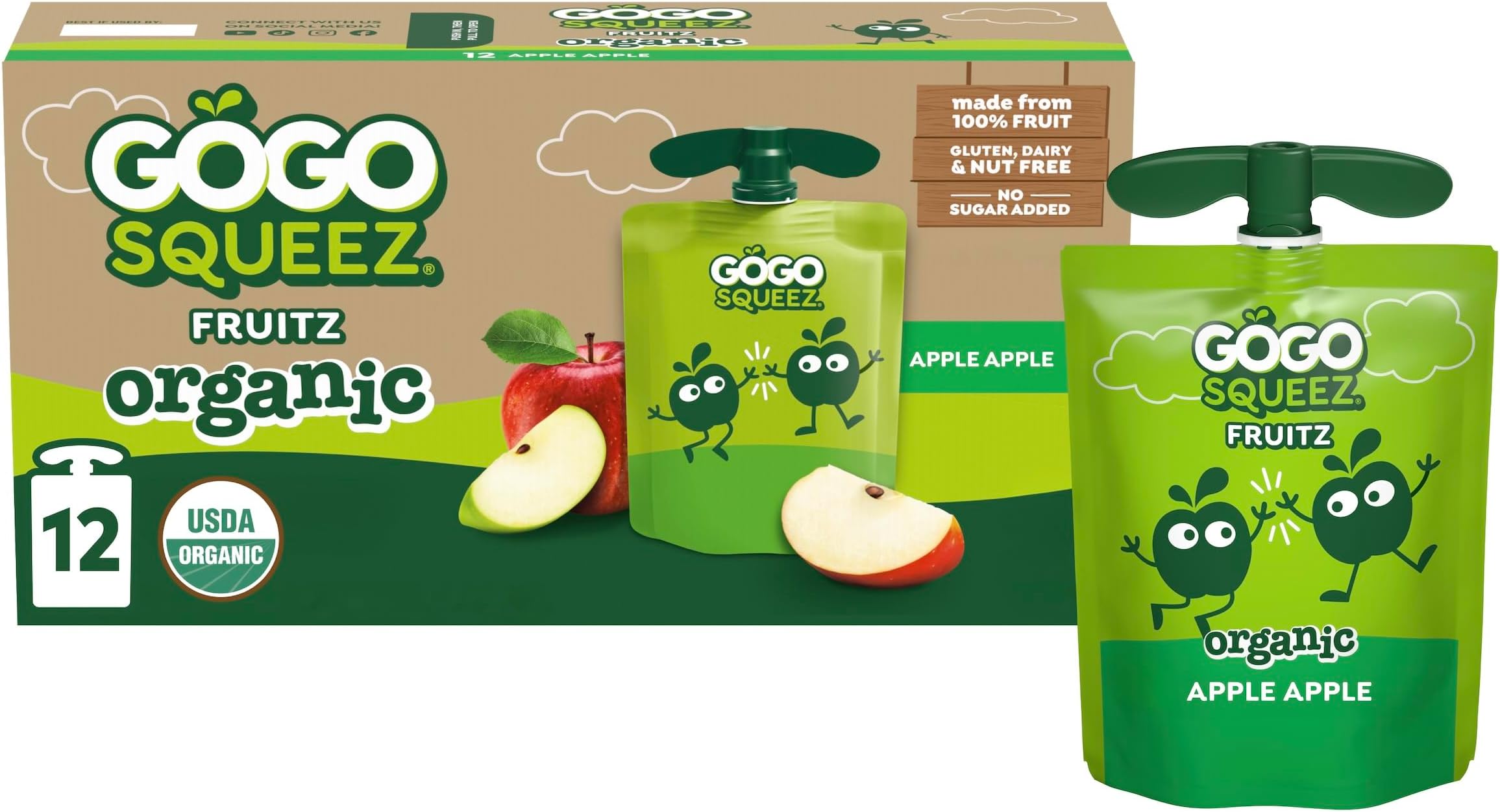 GoGo squeeZ Fruit on the Go Organic, Apple Apple, 3.2 oz (Pack of 12), Unsweetened Organic Fruit Snacks for Kids, Gluten Free, Nut Free and Dairy Free, Recloseable Cap, BPA Free Pouches
