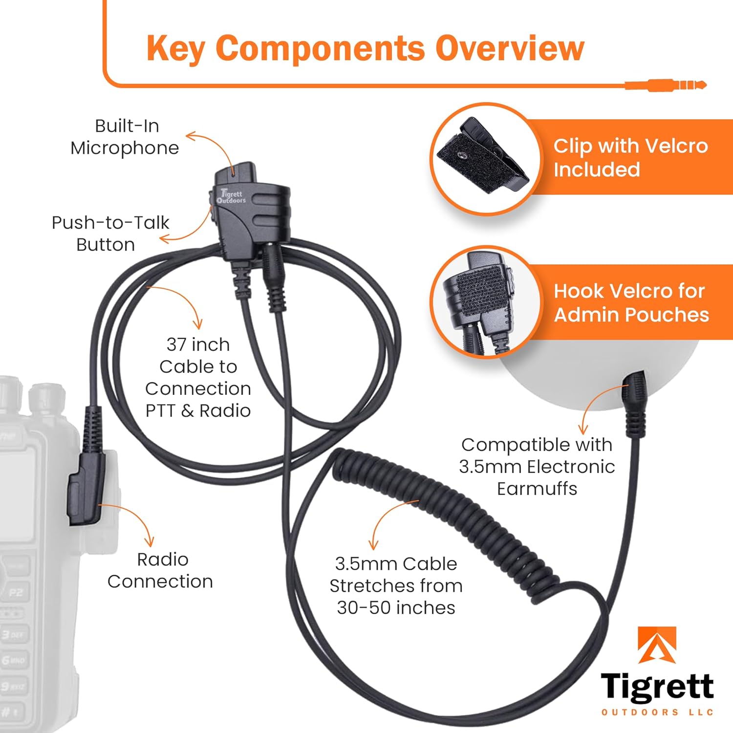 Tigrett Outdoors SMC PTT Cable w/ 3.5mm Audio Cable Adapter for Midland GXT1000 & GXT900 - PTT Cable for 3.5mm Electronic Earmuffs - Hands-Free Radio Listening - Velcro Upgrade for Plate Carriers
