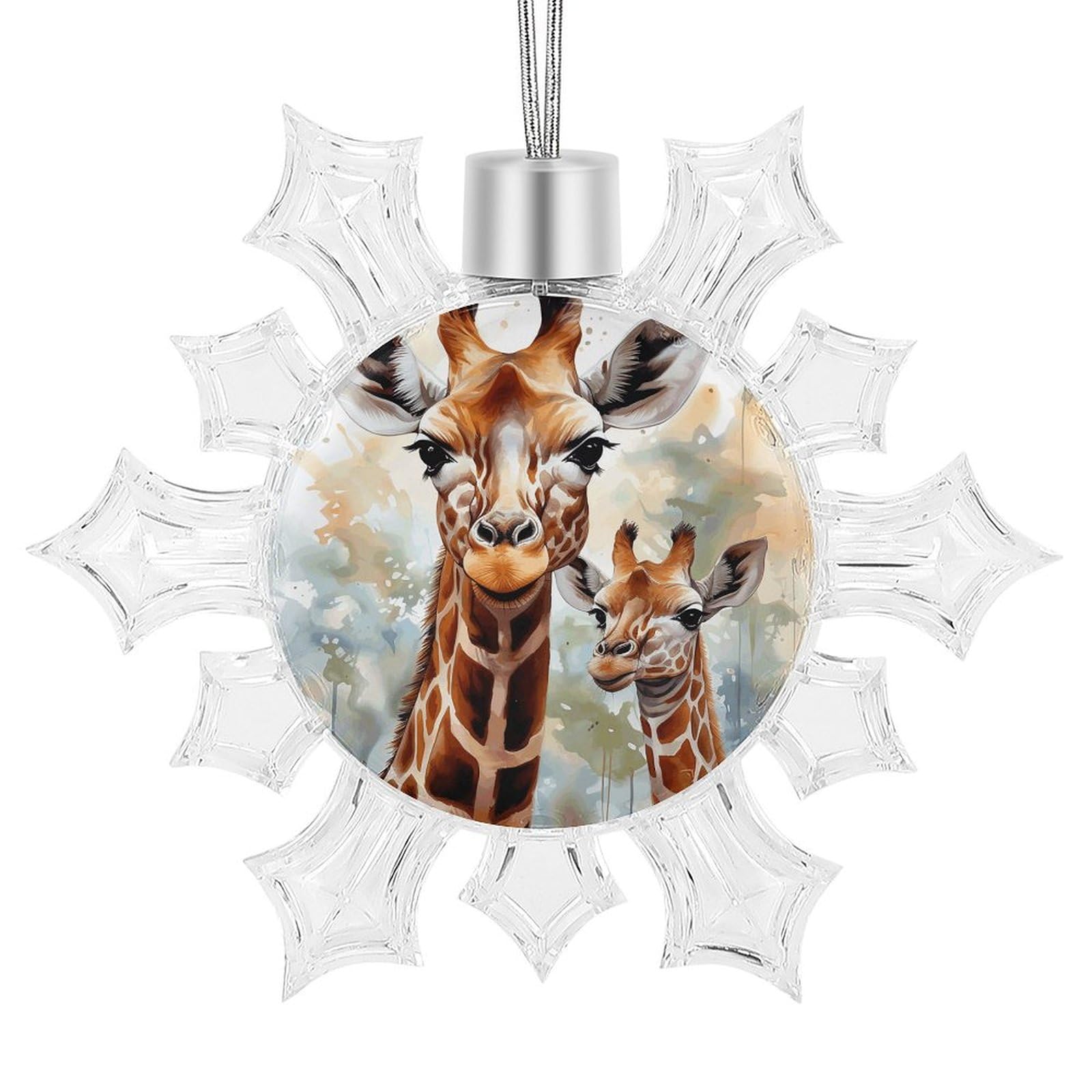 Snowflake Christmas Tree Ornaments,Watercolor Deer Giraffe Printed Snowflake Pendants Xmas Trees Hanging Ornaments for Christmas Tree Home Decoration