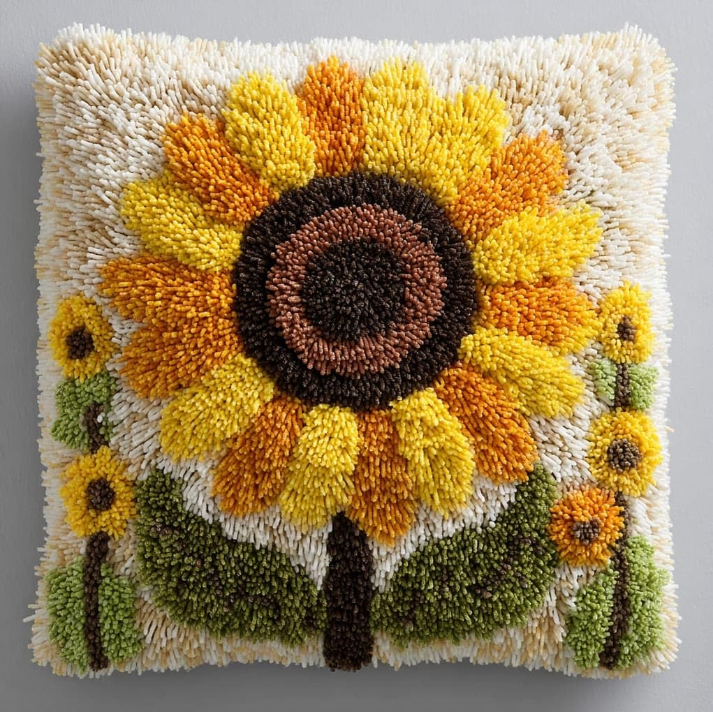 Henypt DIY Latch Hook Cushion Kit,Sunflower Flowers 43x43cm Decorative Pillow Cover Craft Set,DIY Craft Set Perfect for Living Room & Gifting