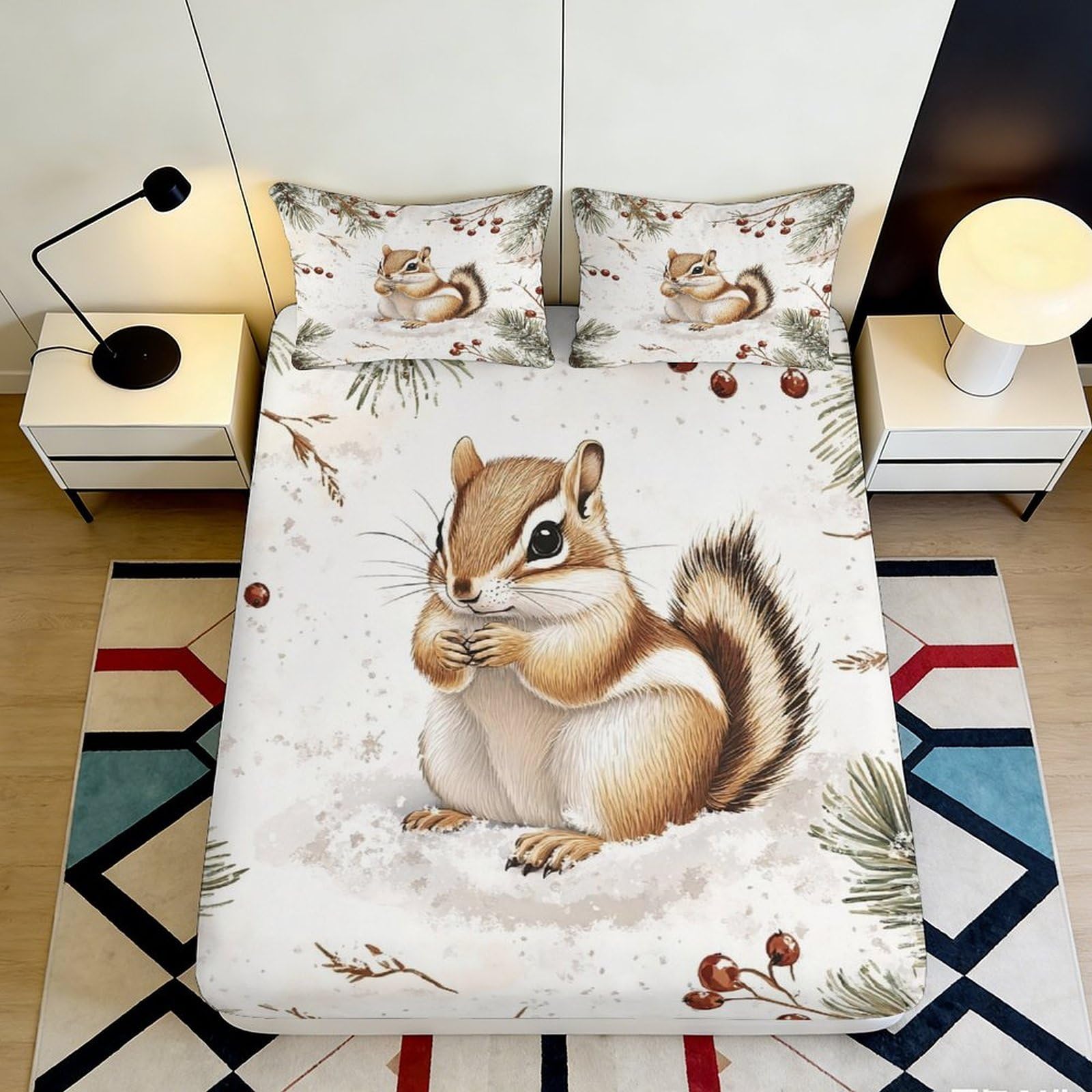 3D Printed Cute Squirrel Fitted Sheet Microfiber Soft Breathable Animal Pattern Bed Cover for Bedroom Dormitory Guest Room Mattress Protection Decor 160x200x25cm