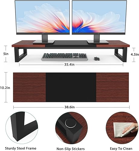 Miniatura 7 de YAOHUOO Soporte elevador de monitor doble, 39 pulgadas de gran tamaño para 2 monitores, soporte de monitor de computadora, estante de madera para
