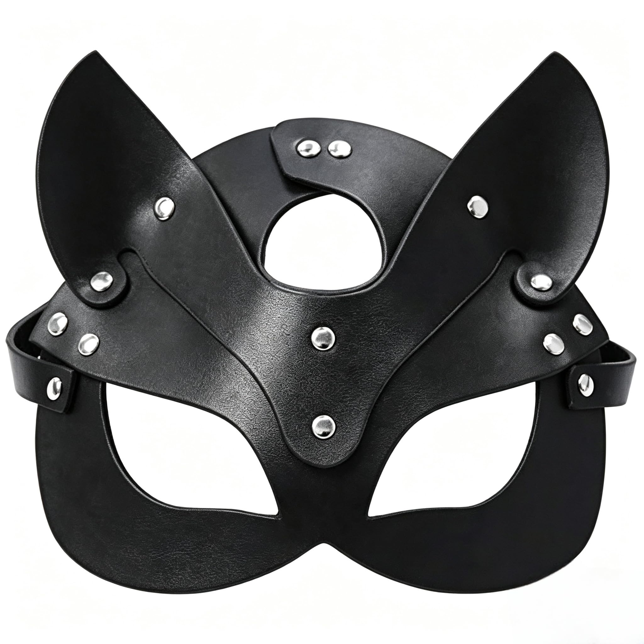 MZinge Black PU Leather Fox Cat Mask, Punk Rivet Half Face Masquerade Mask with Ears, Adjustable Animal Face Cover Costume Accessory for Halloween, Carnival, Cosplay, Fancy Dress Party Nightclub