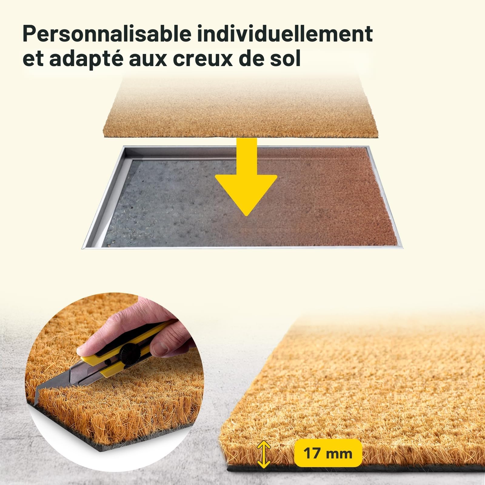 KARAT - Paillasson - Tapis de porte - En coco - Avec dos antidérapant (naturel, 60 x 90 cm, 1,7 cm)