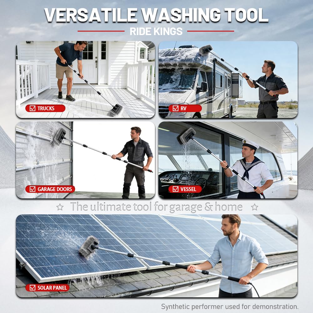 Spazzola per lavaggio auto da 165 cm, con adattatore universale per tubo da giardino, asta estensibile in alluminio con manico lungo per pulizia per camper, camion, SUV, barche e