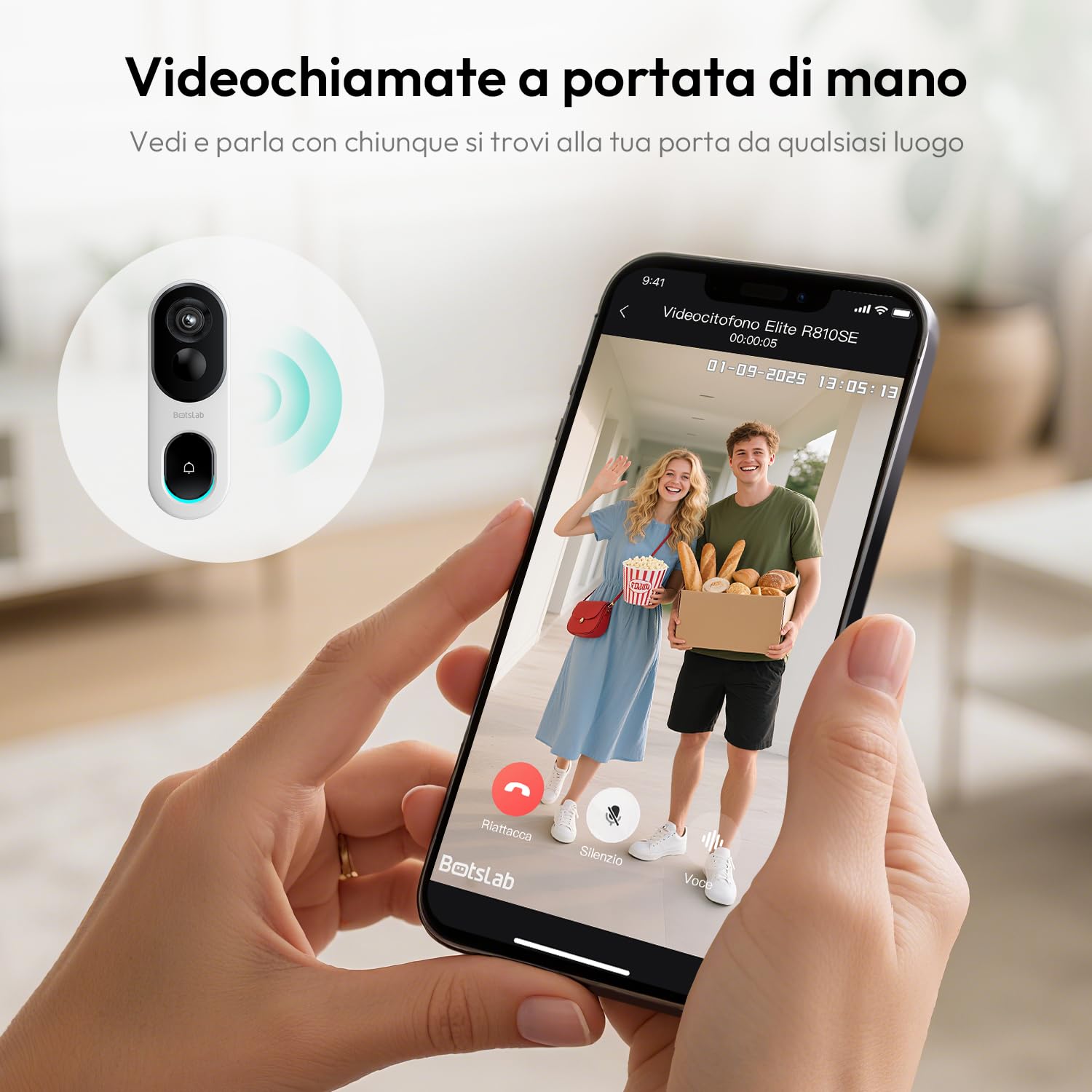 BOTSLAB 2K Videocitofono Wi-Fi 2,4 GHz con Chime, Rilevamento e Avvisi di Uomo, Video Campanello, Audio Bidirezionale, Visione Notturna a Infrarossi, Impermeabile IP66 - Nero