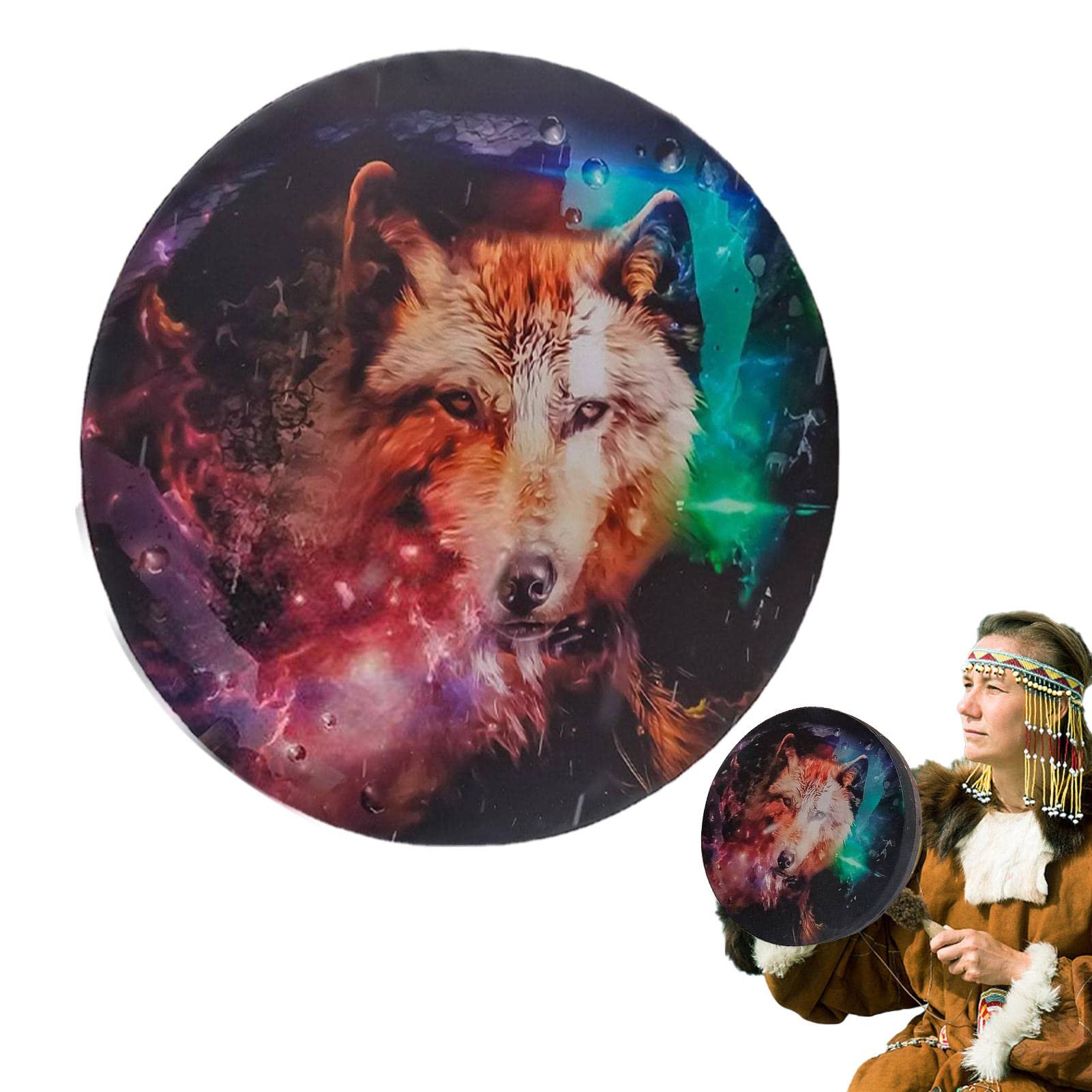 Schamanische Wolf-Totemtrommel, Handgefertigte Trommel mit Trommelstöcken, Sibirische & Keltische Schamanentrommel, + Leder, Brown