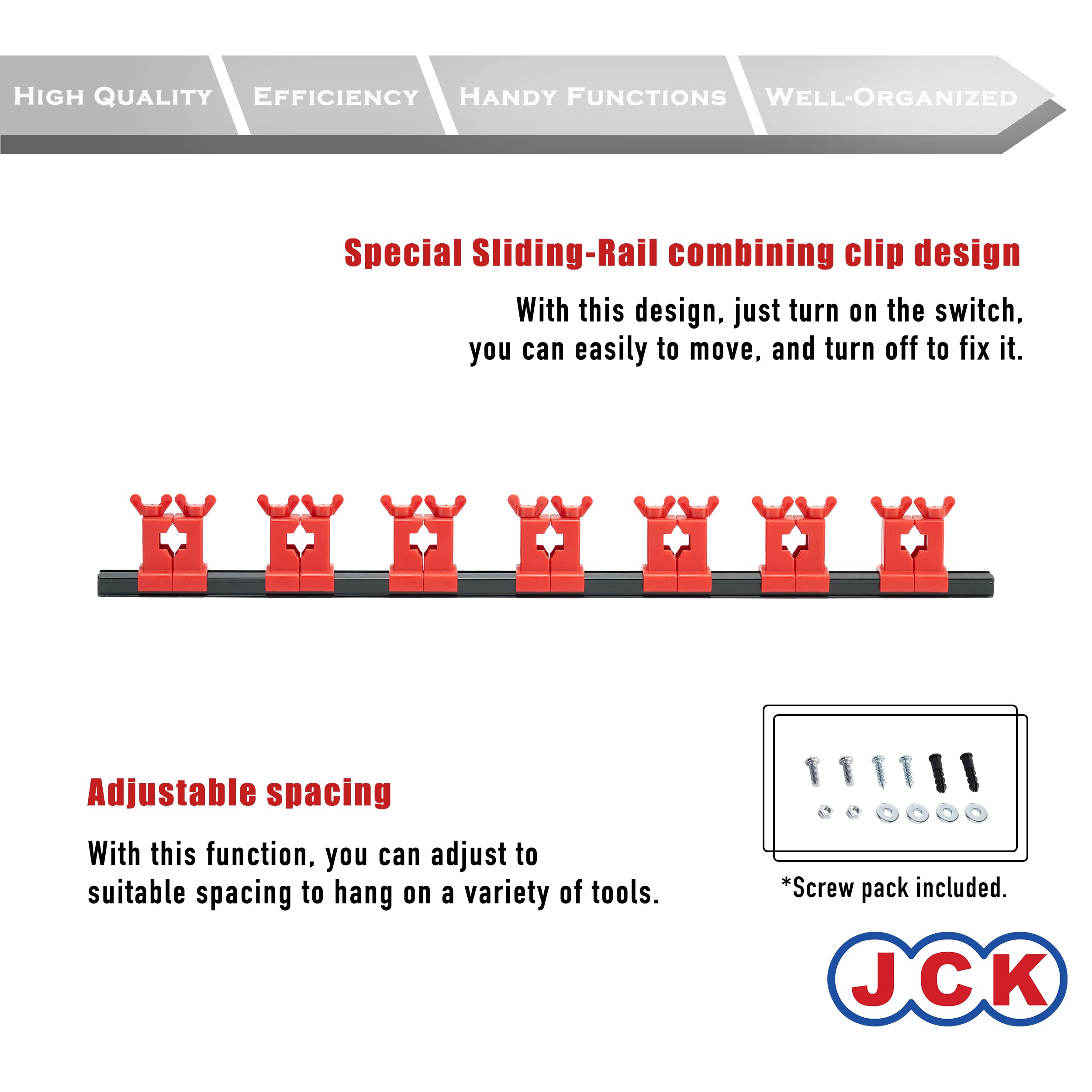 JCK Aluminum Multi-Purpose Tool Organizer Red Clips, Black Aluminum Rack Organize Various Tools, Screwdrivers, Hammer - Image 3