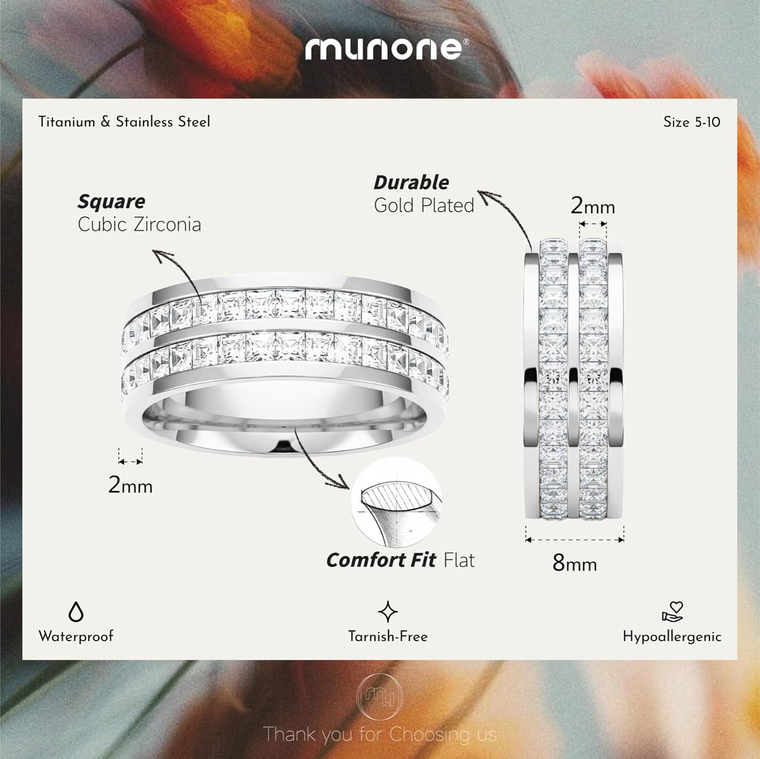 18k Gold Plated Minimalist Princess Cut Cubic Zirconia,Channel Set Eternity Rings for Women Men,Non Tarnish Hypoallergenic Titanium Band Stackable Ring - Image 2