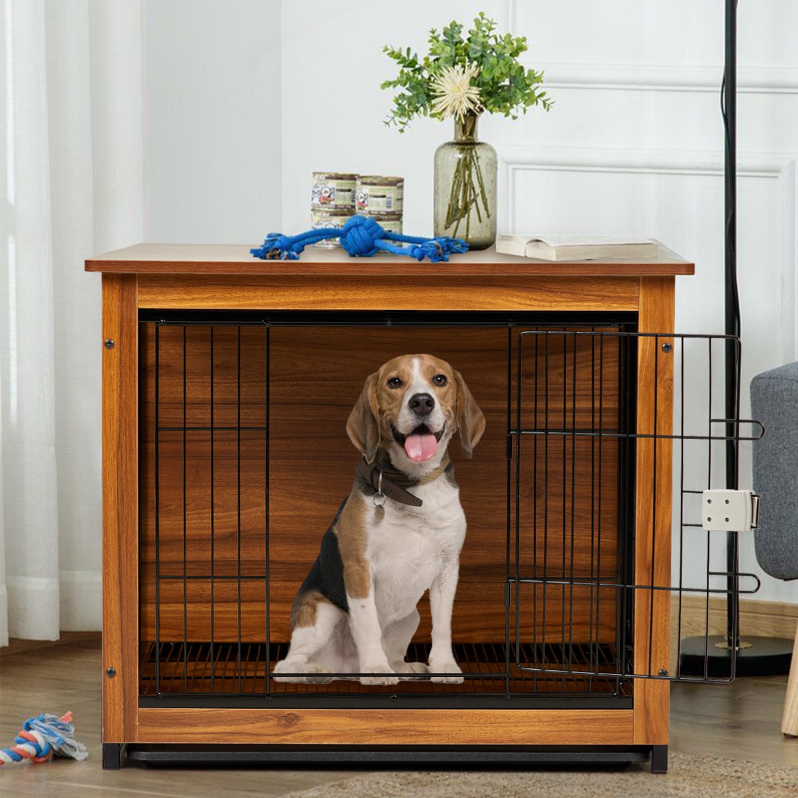 31 inch Wooden Dog Crate Furniture Large, Dog Cage End Table, Dog Kennel Furniture with Removable Tray & Spring Door Lock, Furniture Style Dog Crate Side Table