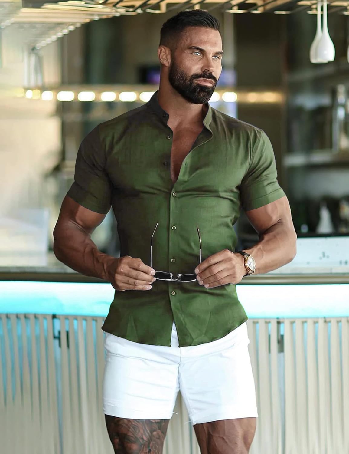 URRU Men's Muscle Dress Shirts Slim Fit Stretch Banded Collar Long&Short Sleeve Casual Button Down Shirt - Image 3