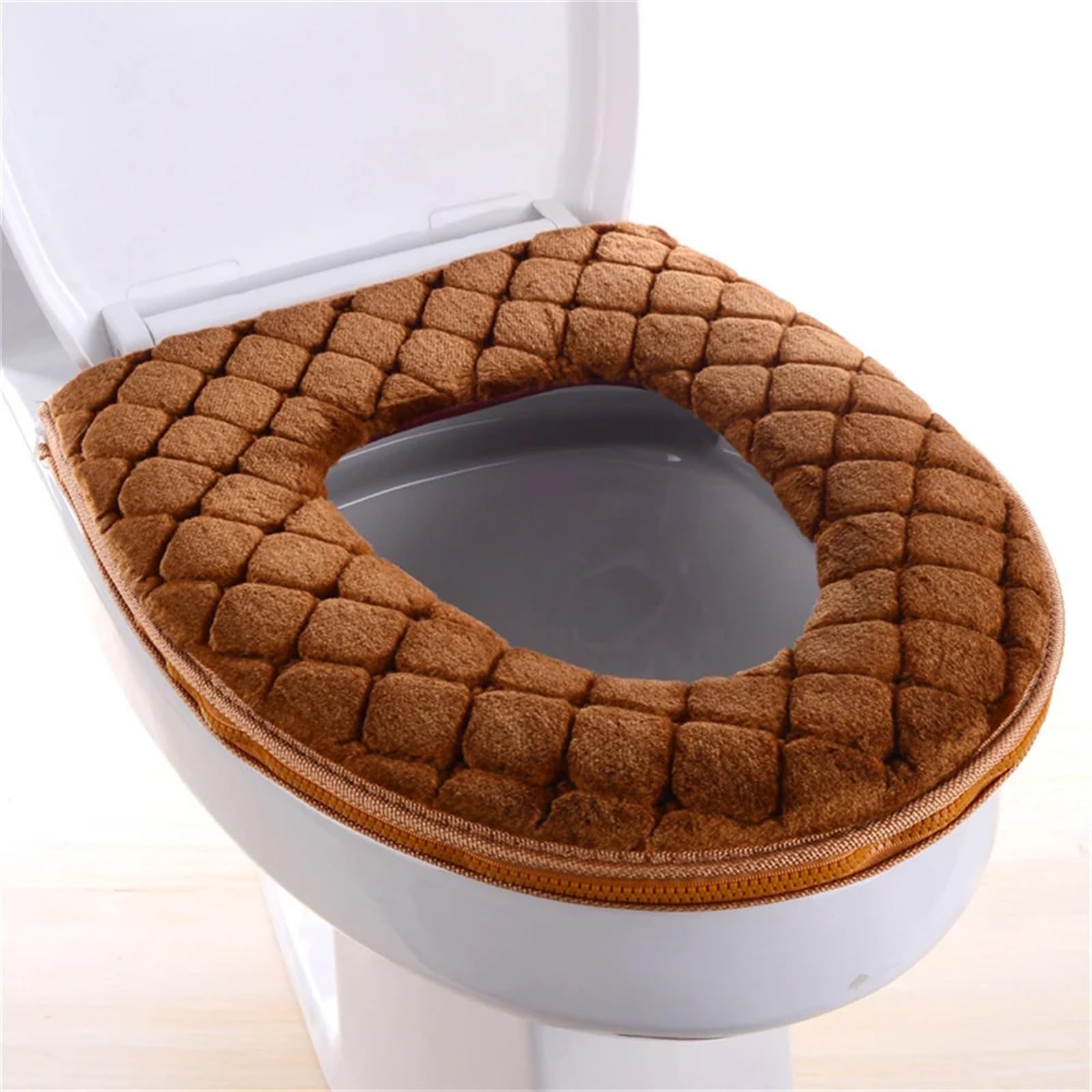 Housse de siège de toilette universelle peluche lavable tapis fermeture éclair marron
