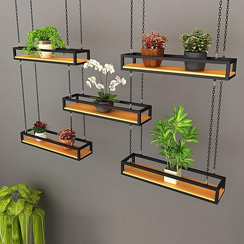 Miniatura 6 de Estante de vino de techo de 5 piezas para cocina, estante colgante de pared de madera maciza, soporte de exhibición de arte de hierro montado en la