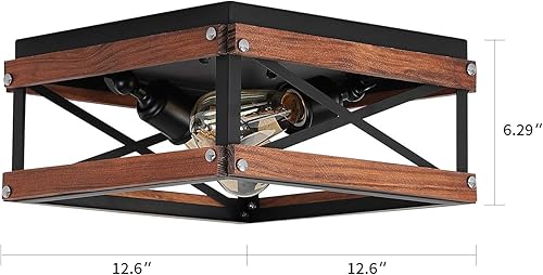 Miniatura 4 de Lámpara de techo rústica de montaje empotrado con dos luces de metal y madera cuadrada para pasillo, dormitorio, cocina, entrada, color negro