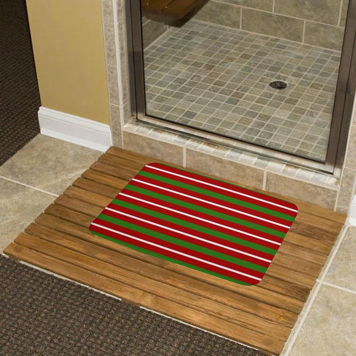 Striped Burgundy Red and Green Bathroom Rugs Non Slip & Absorbent Bath Shower Mats for Bathroom, 20" x 32"