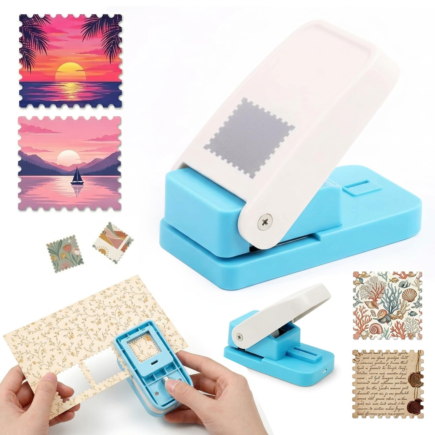 Postage Stamp Puncher -1X1 inch Square Scalloped Edge Paper Puncher, Effortless Lever-Action Craft Punch for Scrapbooking, Junk Journal Supplies, Card Making & DIY Decorative Paper Crafts