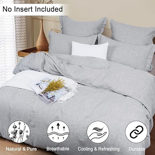 Miniatura 3 de PHF - Juego de funda de edredón de 100% lino francés lavado, 3 piezas, con fundas de almohada, colección de ropa de cama cómoda, tamaño King, 106 x