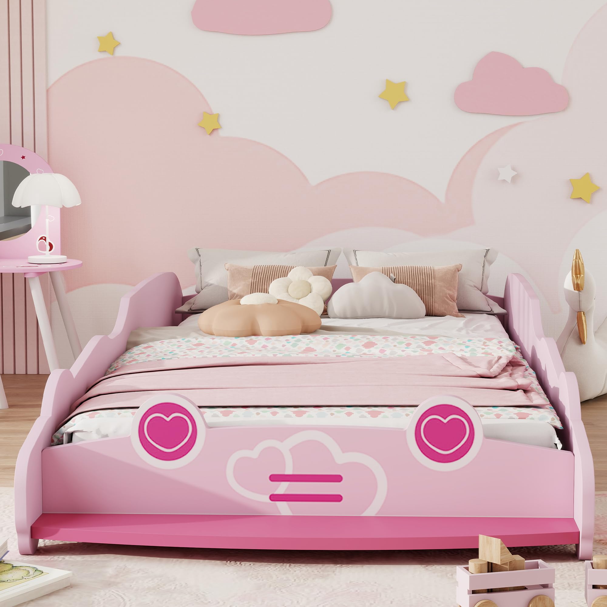 AIYAPLAY Letto per Bambini a Forma di Macchina, Lettino per Bambini da 3-5 Anni con Sponde Rialzate di Sicurezza, 140x70 cm, Rosa