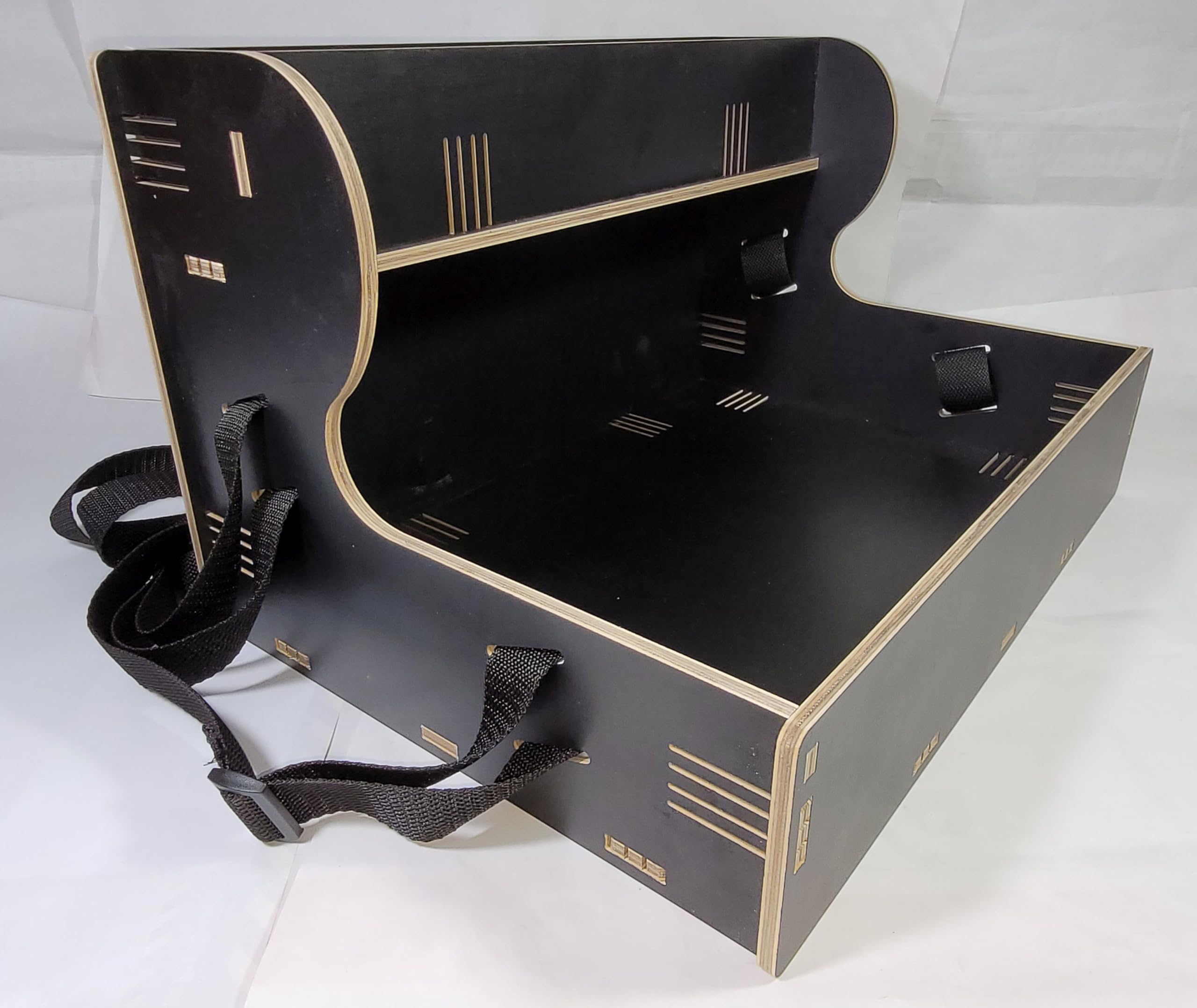 Nostalgie Holz Bauchladen schwarz/dunkelbraun mit Oberlade 2 Gurte JGA Fete Catering 42 cm x 30 cm mit schwarzen Tragegurten
