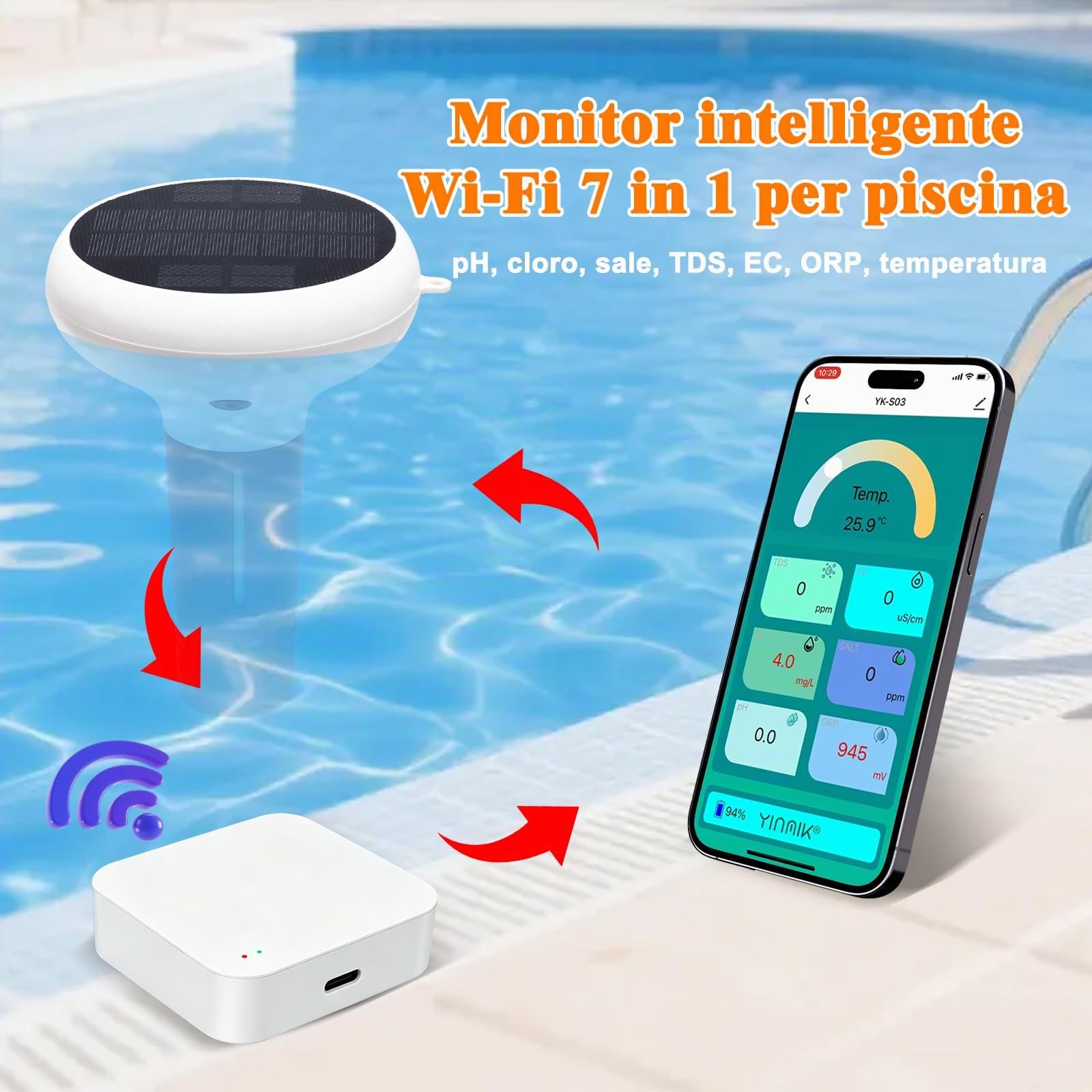Monitor wifi per pH sale cloro della piscina, Intelligente tester 7 in 1 | Alimentazione solare; galleggiante, completamente impermeabile, app Tuya, istruzioni in inglese, video tutorial in francese