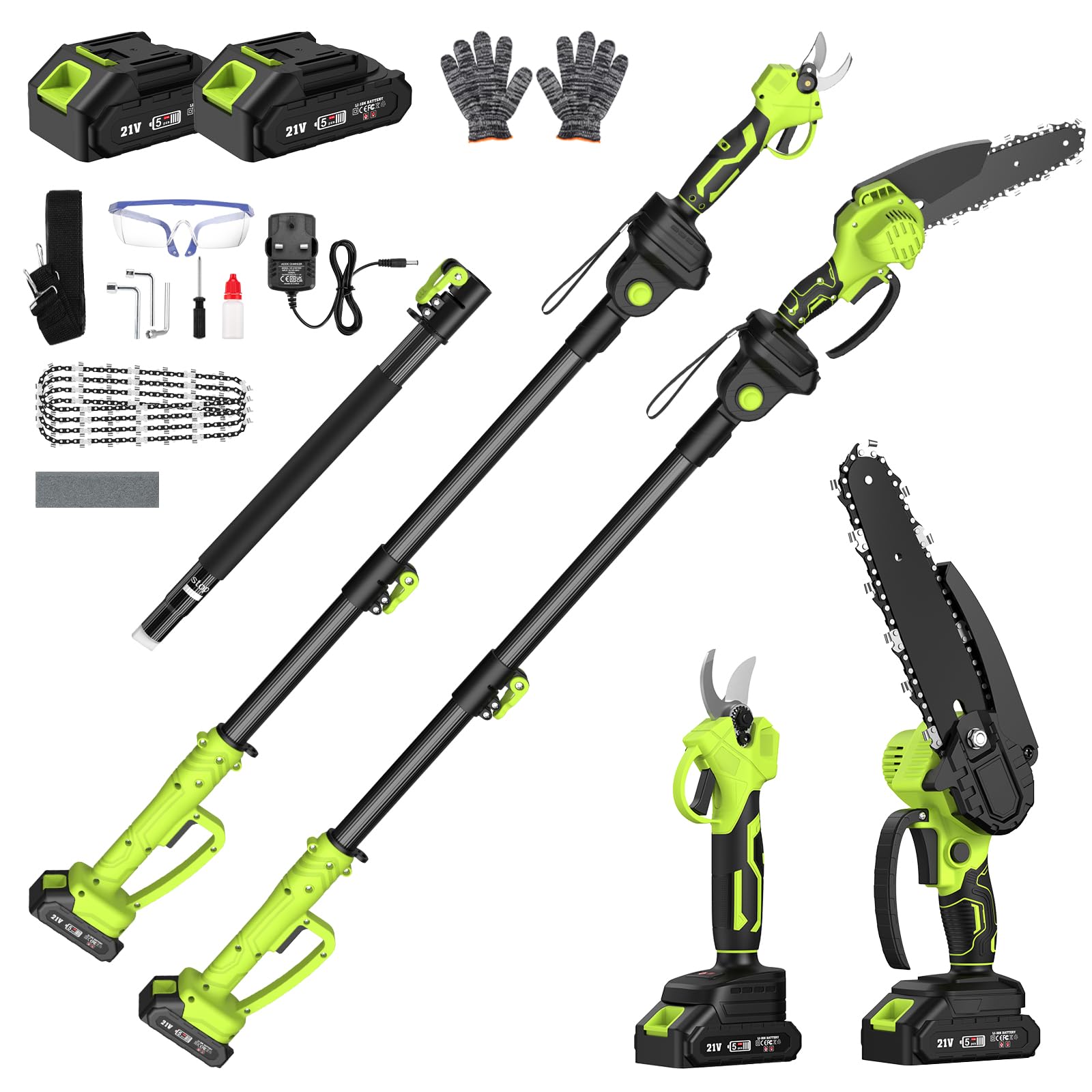 Cordless Pole Pruning Shears & Chain Saw Set, 6.4Ft Extension Pole 2 * 4.0 mAh Battery Rechargeable 550WMotor Handheld Chain Saw Trimmer for High & Low Tree Branch Cutting Trimming Pruning