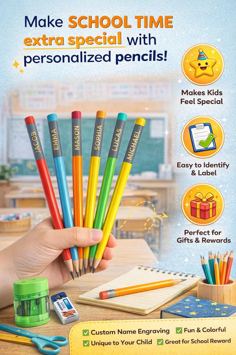 10 Customized Name Pencil Set for Kids with Free Eraser & Sharpener | Personalized Pencils With Name | Personalised Name Pencil for Kids | Customised HB Wooden Pencil with Name