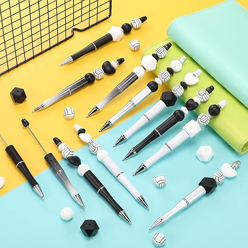 Miniatura 2 de Juego de 12 bolígrafos deportivos de cuentas de plástico, bolígrafos de cuentas surtidas, cuentas de silicona, cuentas de cristal, tinta negra,