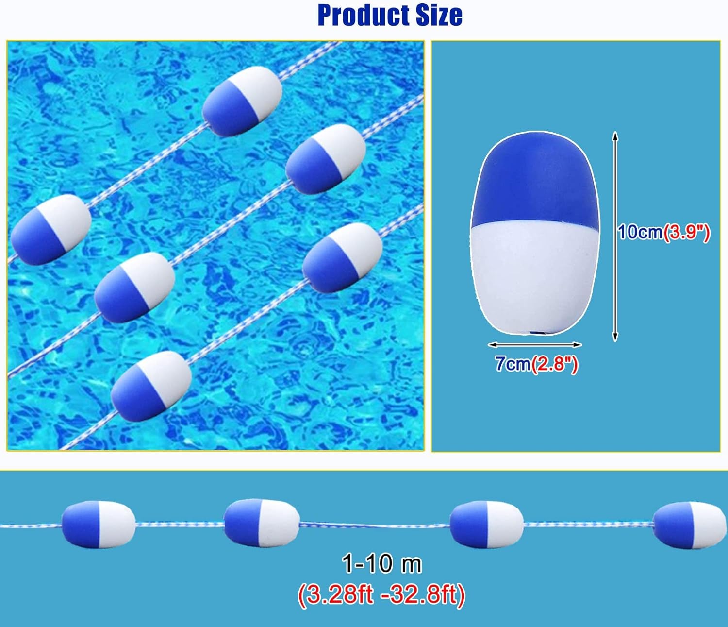 Blue White Outdoor Pool Lane Lines, Pool Safety Rope and Float Kit, Buoy Lane Marker Lines to Divide Pool, Swimming Pool Division Cordon (Size:L7m/22.96ft)
