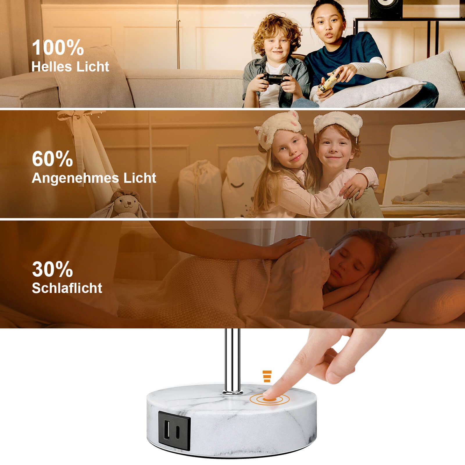Nachttischlampen 2er Set Schlafzimmer, LED Tischleuchte Touch Dimmbar mit USB Ladefunktion, Modern E27 Tischlampe Beige mit Schirm inkl. 6W Warmweiß LED-Birne