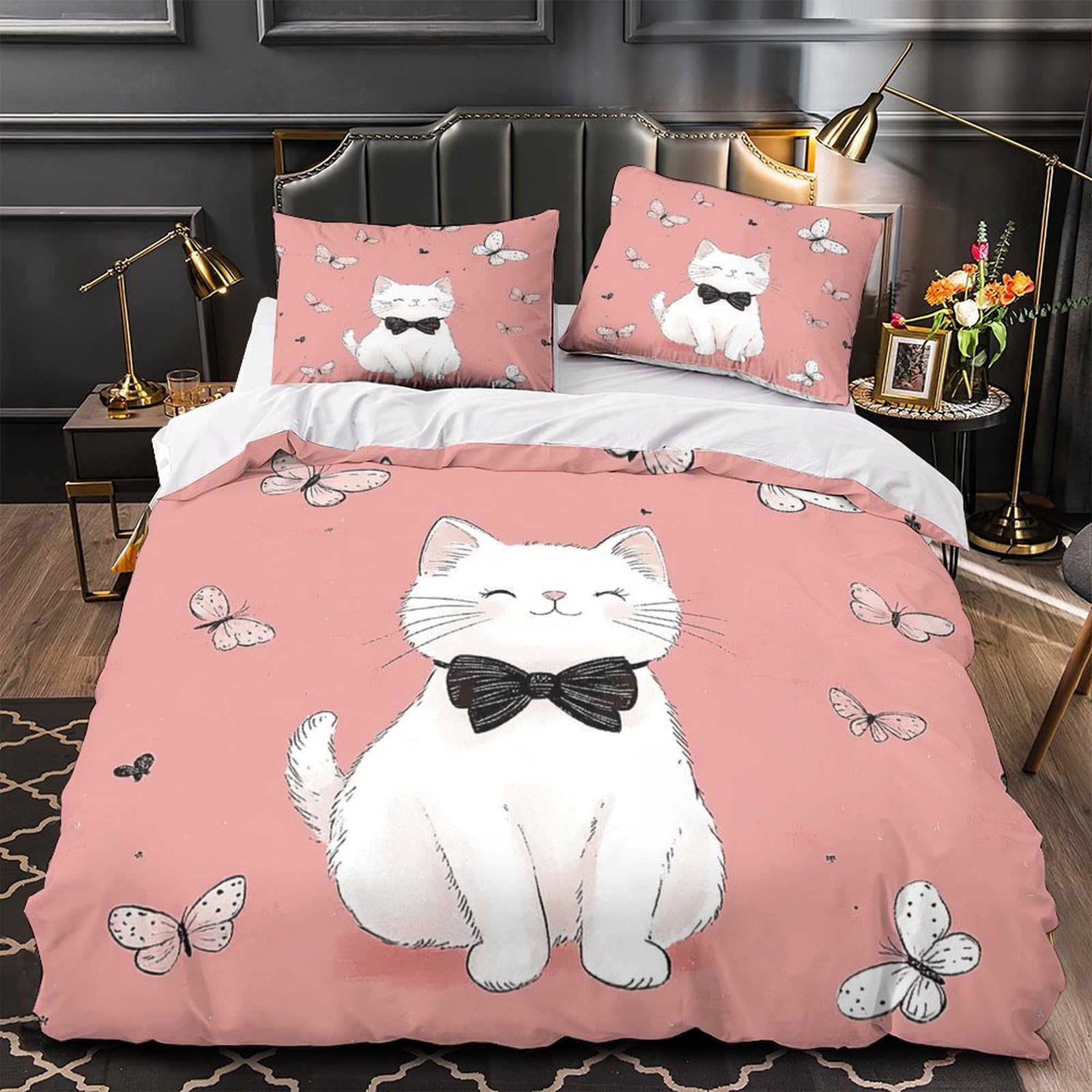 Housse de couette chat mignon parure de lit douce et anti-acarien super king pour lit de fille