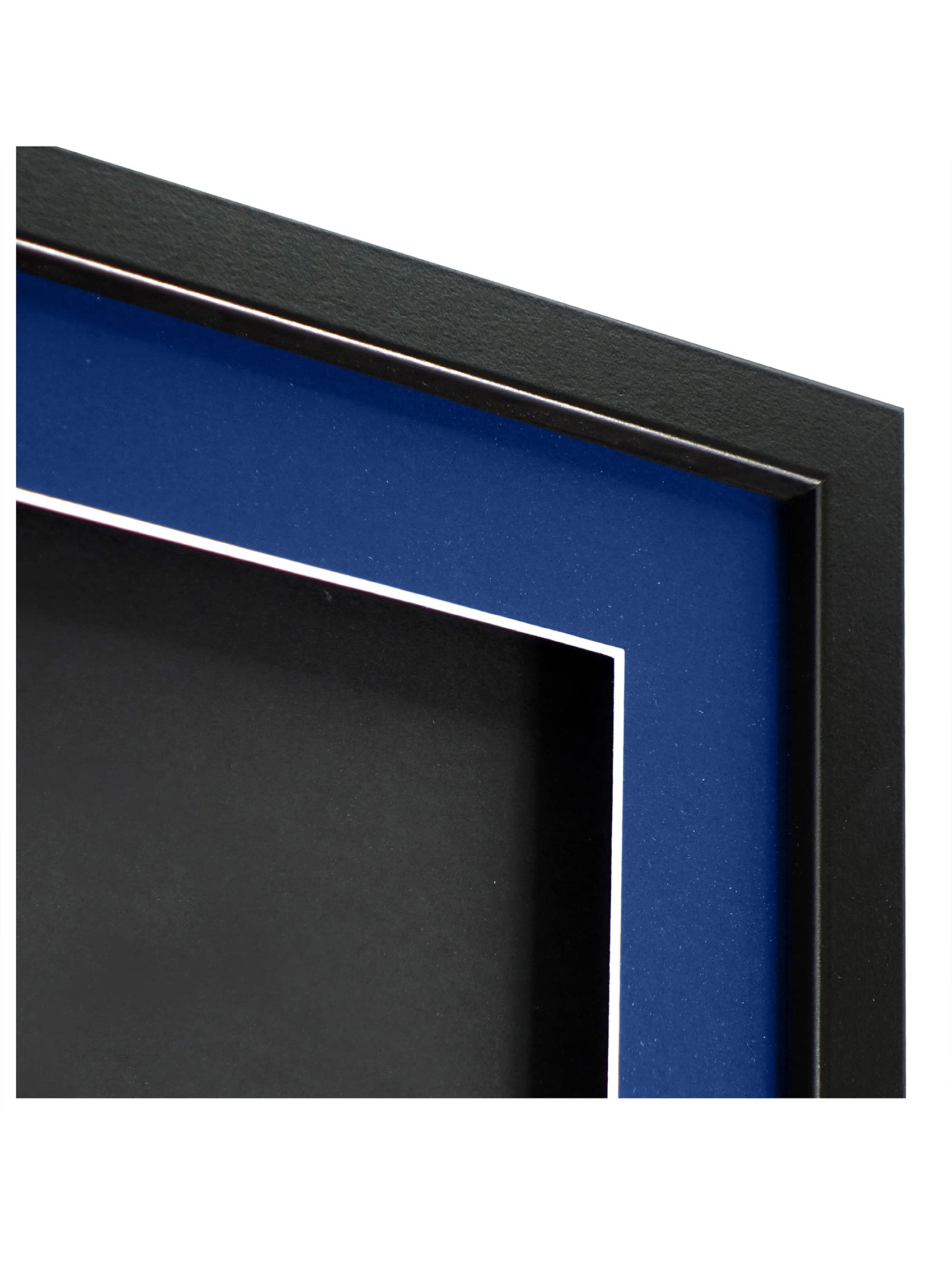 Vivarti DIY Junior - Marco de exhibición deportivo montado en 3D para fútbol, rugby, camiseta de banda, caja de sombra, 50 x 70 cm, marco negro, soporte azul, tarjeta trasera negra