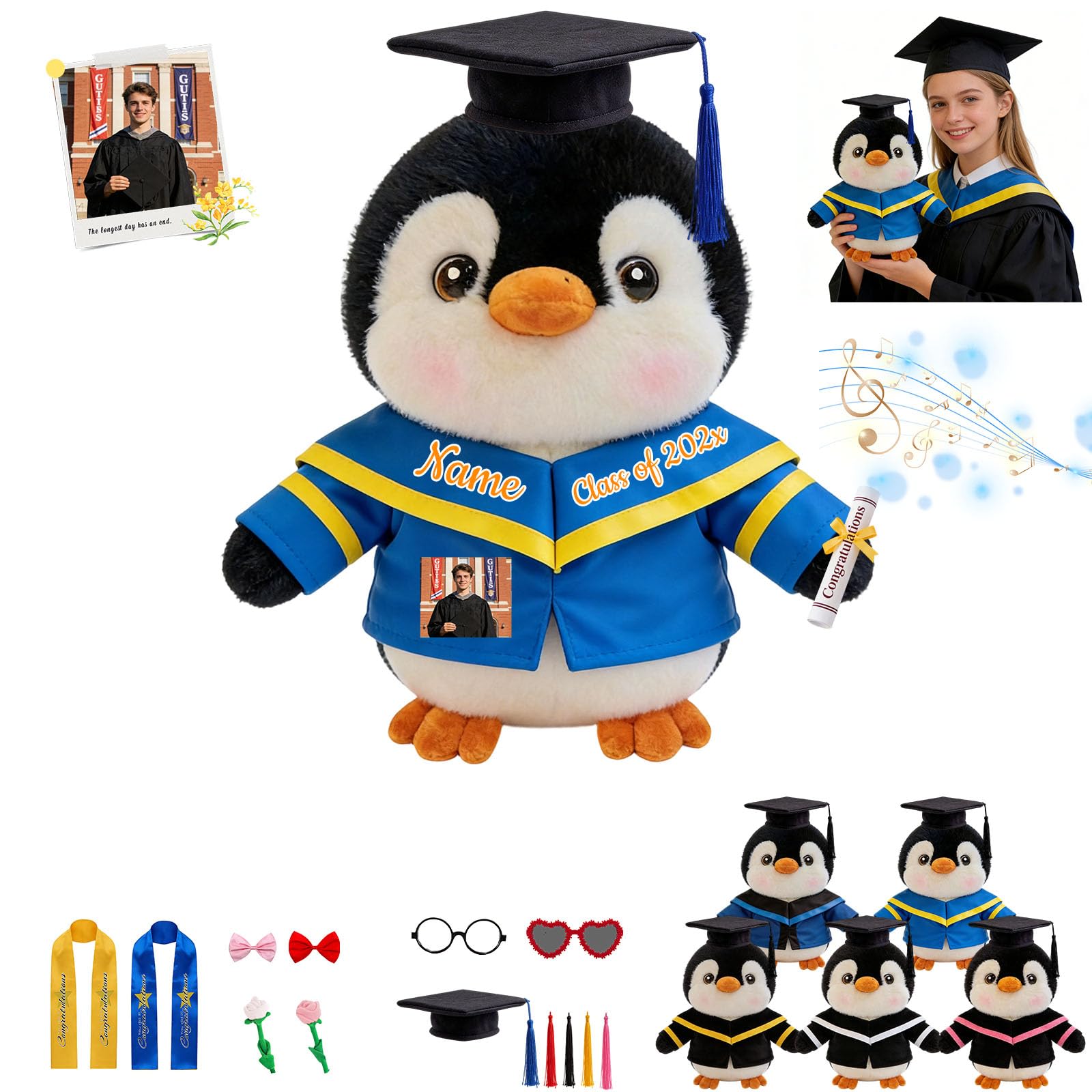 Pingüino De Graduación Personalizable – Peluche Con Texto, Fecha, Foto Y Grabadora De Voz, 20 O 25 Cm, Accesorios De Birrete, Estola Y Gafas, Regalo único