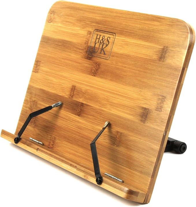 H&S Bamboo Recipe Book Holder Foldable & Portable Cookbook Stand for Desk