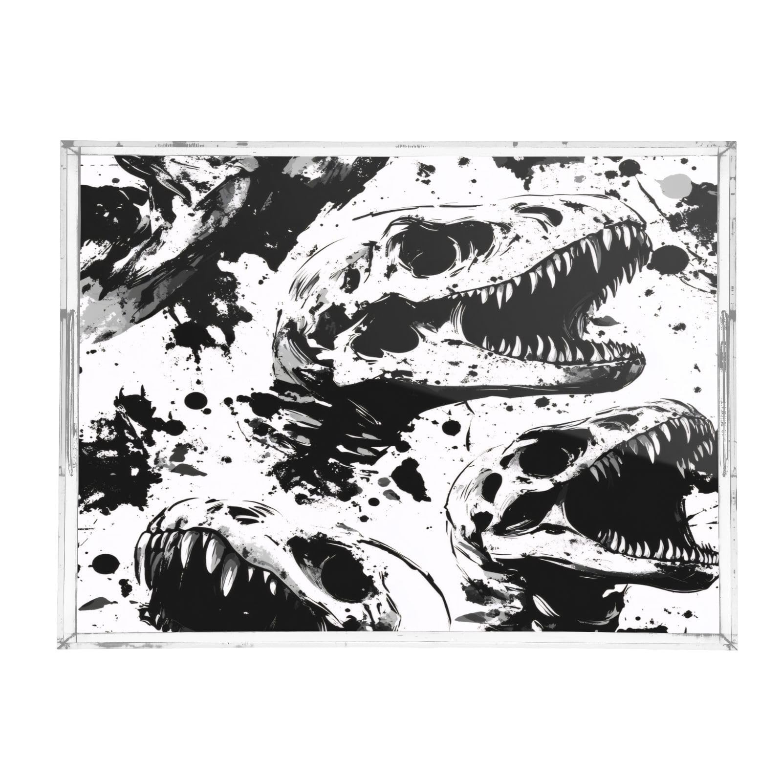 Msyxl Dinosaur Skull Serving Tray for Coffee Table, Decorative Acrylic Tray Dinosaur Skull Tray with with Handles for Breakfast, Ottoman, Countertop, 12x16 in
