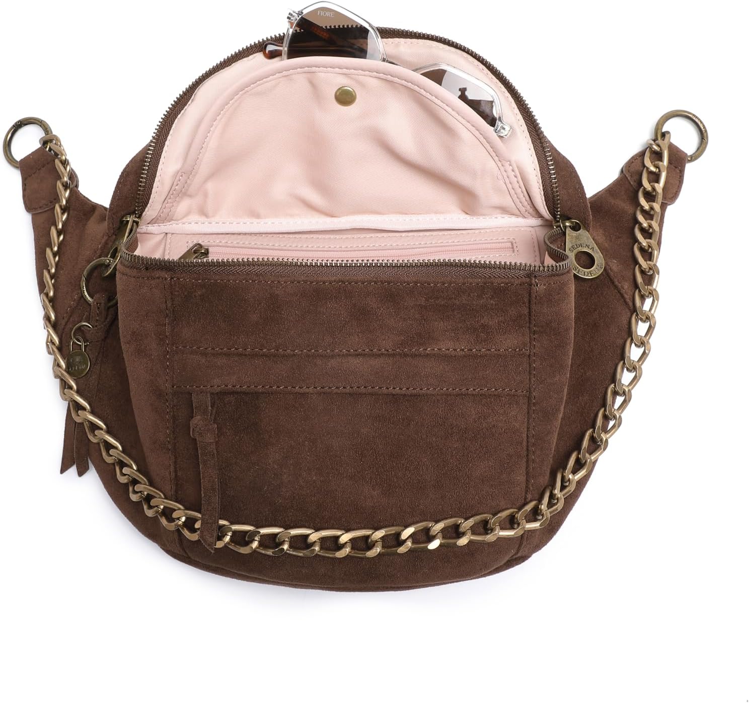 Anti Pickpocket Crossbody Large Vegan Dark Brown Suede Sling Bag RFID & Glasses Pockets, Adjustable Strap, Anti Theft Design, Multiple Compartments, Chain Detail Travel Crossbody Bag for Women - Image 5