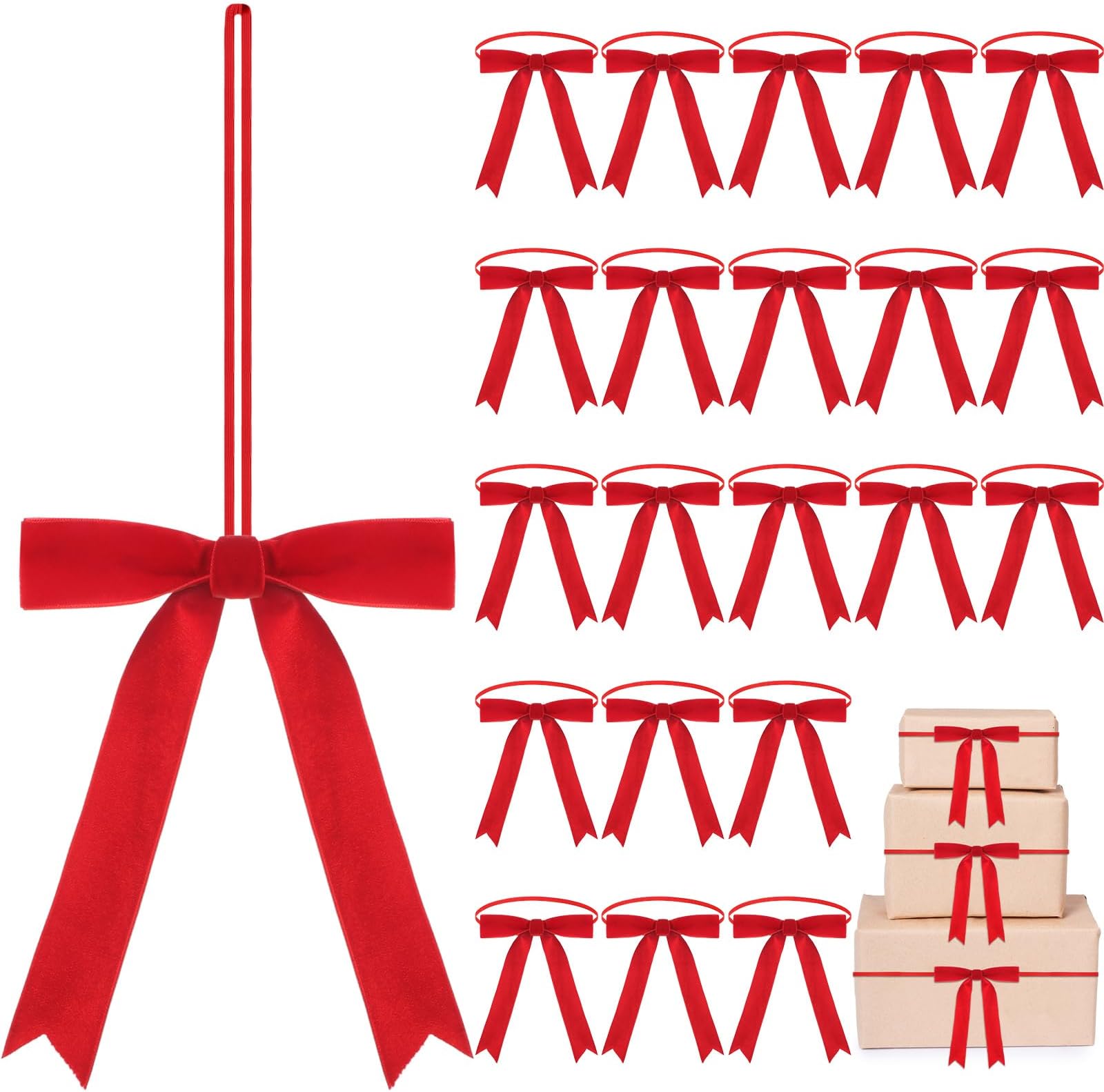 Riceshoot 24 Pcs Velvet Elastic Bows for Gift Wrapping, 5x7 Inch Pre Tied Stretch Bows for Christmas Gifts, Xmas Tree, Birthday & Wedding Decorations(Red,8 Inches Stretch Loops)
