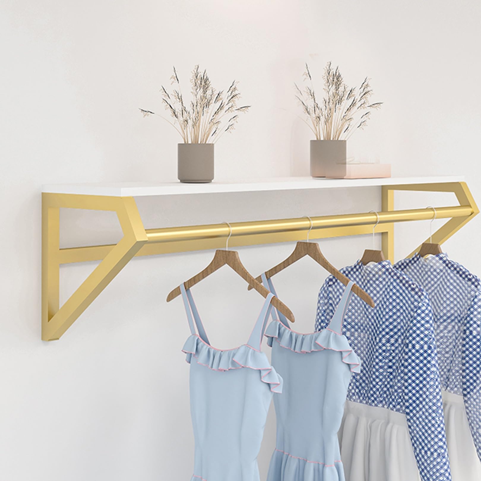 HPTHLY Wall-Mounted Clothes Rack,Wall-Mounted Clothes Rack With Top Shelf & Hanging Rod - Sturdy Metal Garment Organizer For Home & Retail - Multi-Functional Clothing Displ(Gold-100Cm)