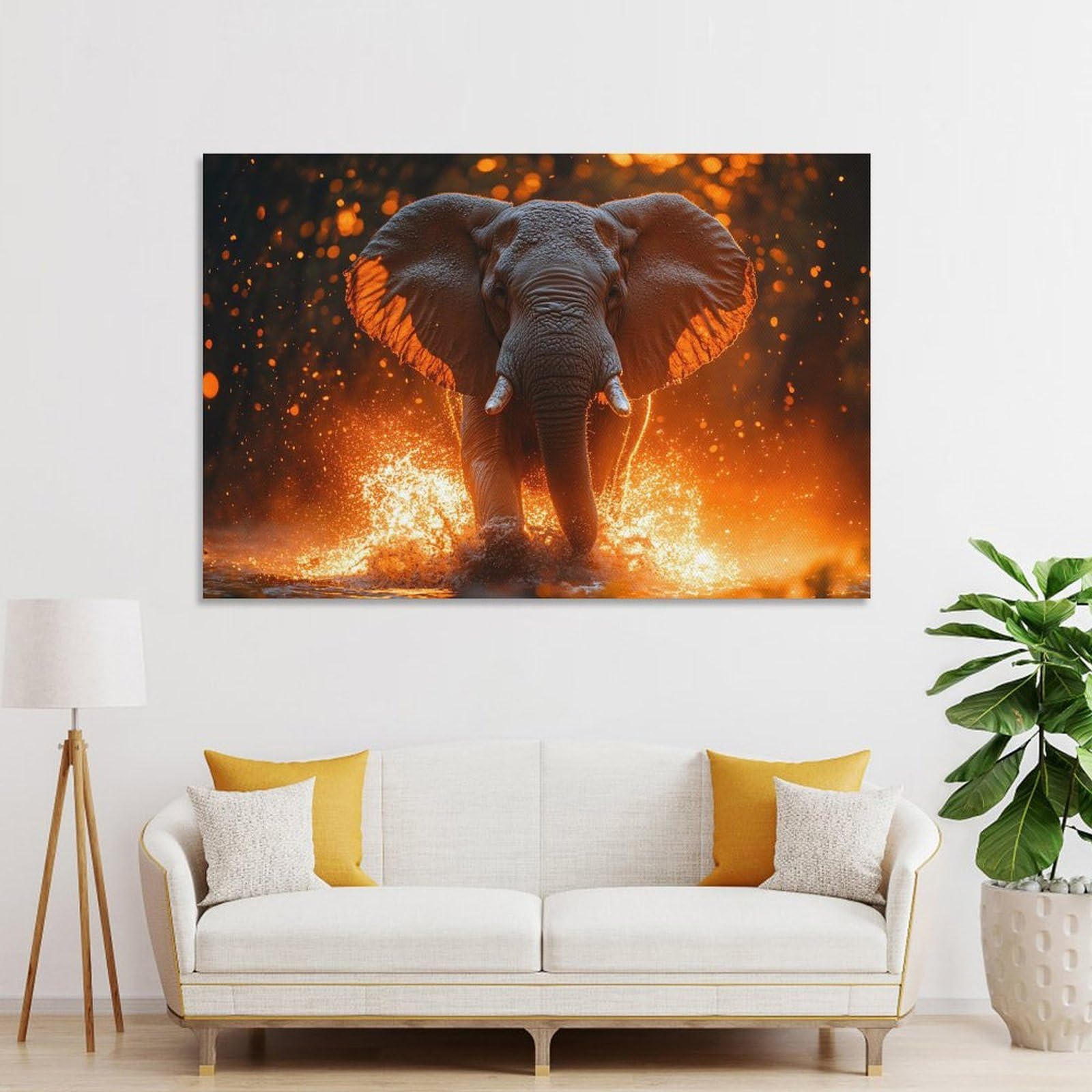 Junmoney Wall Art Print Elephant Splashing in Water, Golden Light, 24x36inch(60x90cm), for Living Room, Lounge Or Sitting Room, Eye Catching Artwork for Blank Walls