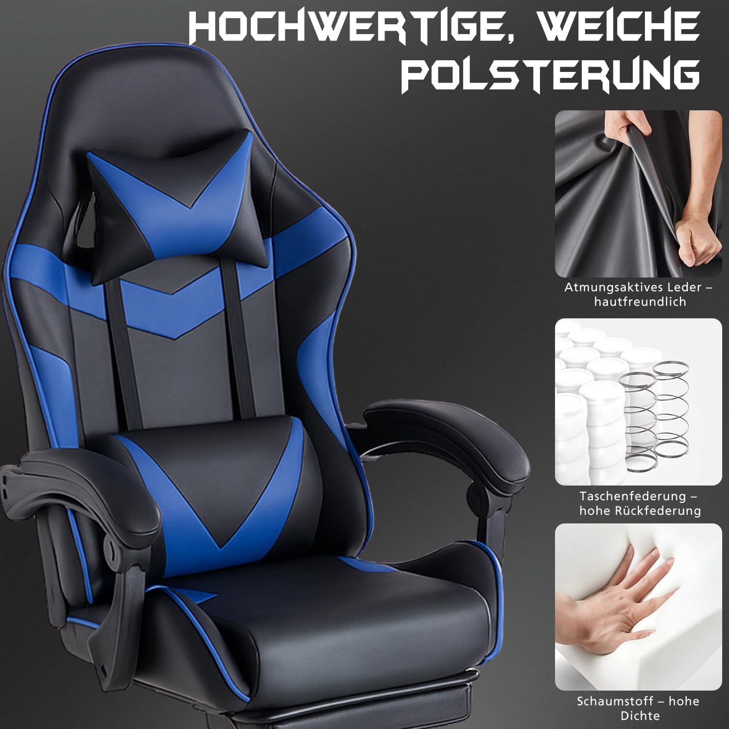 DUMOS Silla para Gaming, Silla ergonómica para Gamer, con reposapiés, reposacabezas y Soporte Lumbar, Altura Regulable, Acolchada, 150 kg, soporta hasta 150 kg, Color Negro y Azul
