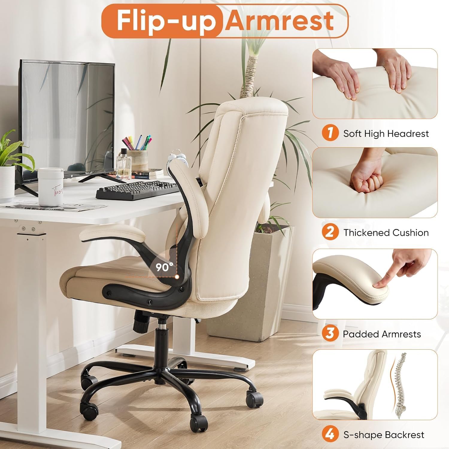 Adjustable Adjustable Beige Ergonomic Office Chair with Flip-Up Arms and Heavy-Duty Design Adjustable Beige Ergonomic Office Chair with Flip-Up Arms and Heavy-Duty Design