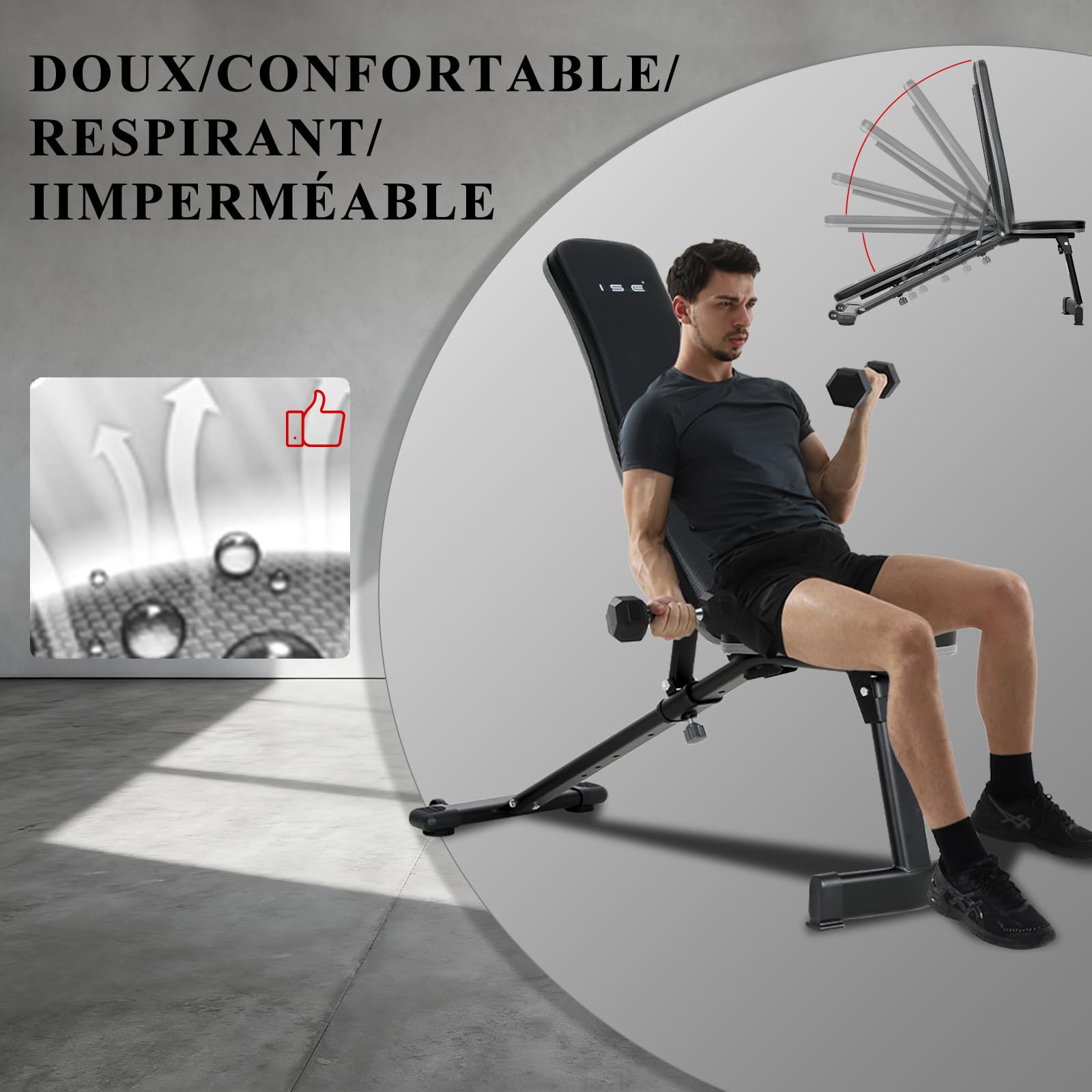 ISE Banc Musculation Pliable Complet Inclinable, Banc de Musculation Complet Pliable Multifonction, Banc Abdominaux&Bancs de Musculation 6 Positions Réglable(-25°-100°), Bench Musculation/Banc Muscu