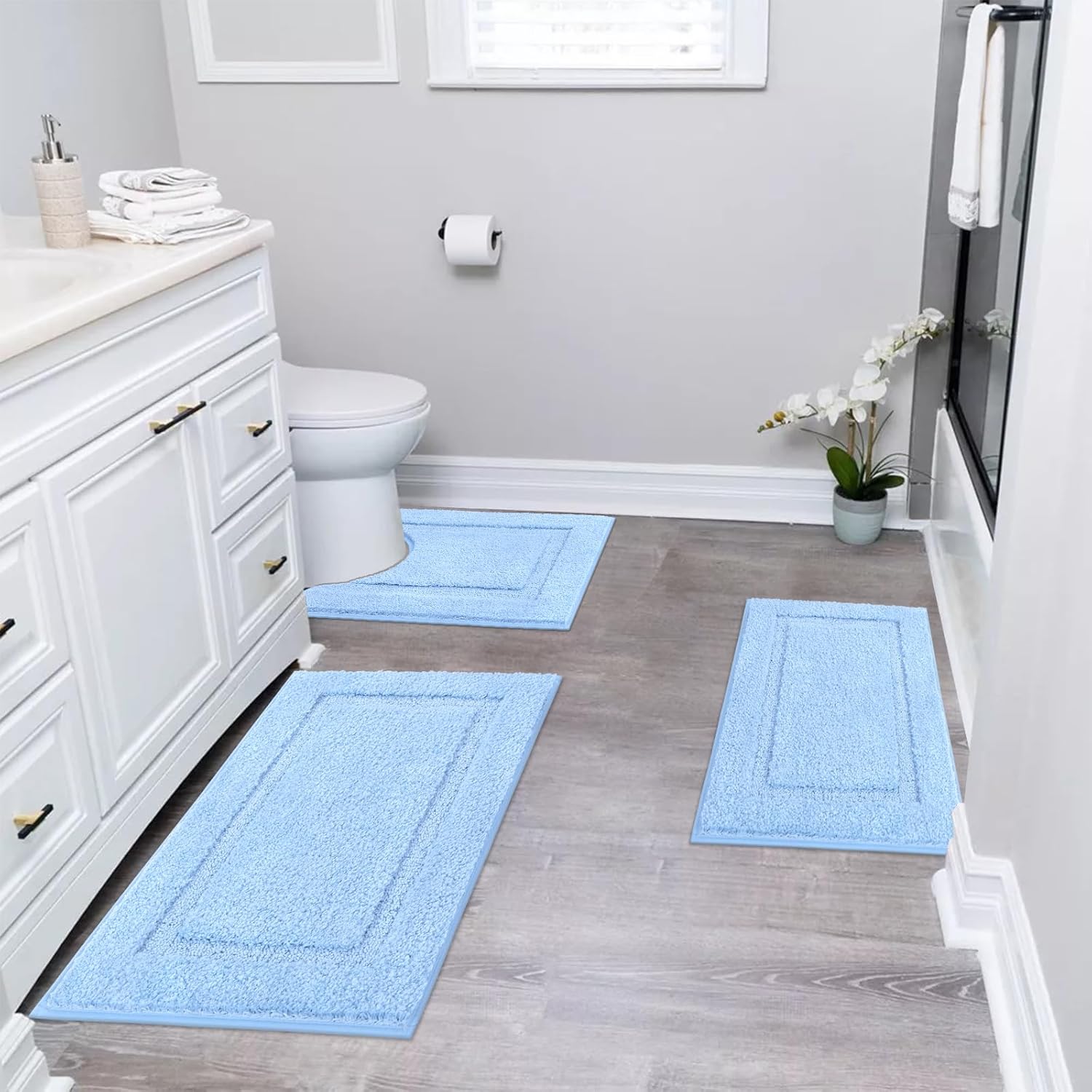 SHACOS Soft Fluffy Bathroom Rugs Set of 3 Pieces Bath Mats with U Shape Toilet Rugs Non Slip Washable Bath Rugs Absorbent Bathroom Carpet 16"x24"+20"x32"+U Shaped 20"x24", Light Blue - Image 2