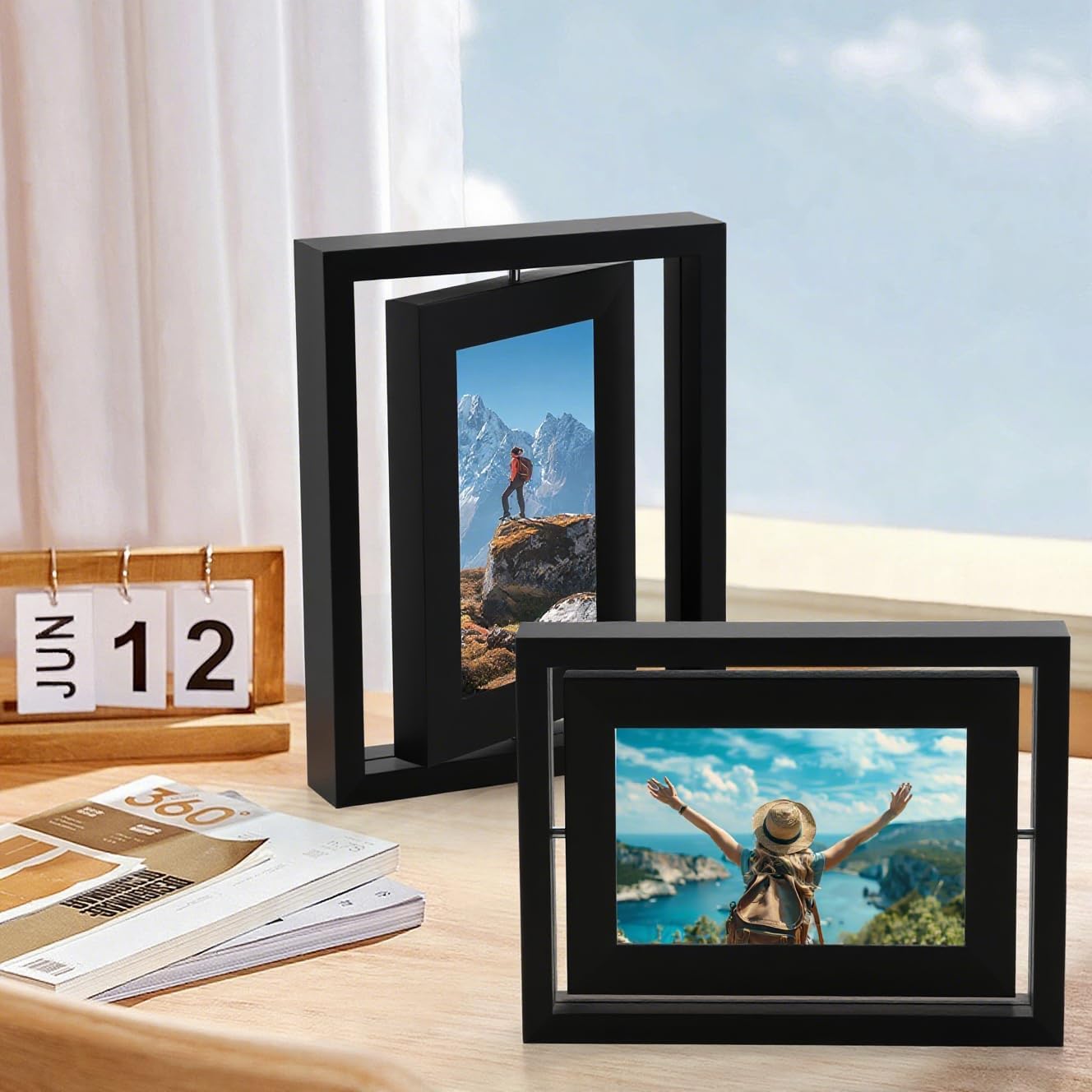 2 Pack 4x6 Rotating Floating Picture Frames, Black Wood Floating Photo Frame Double-Sided Display with Crystal Glass for Tabletop, Desk or Shelf