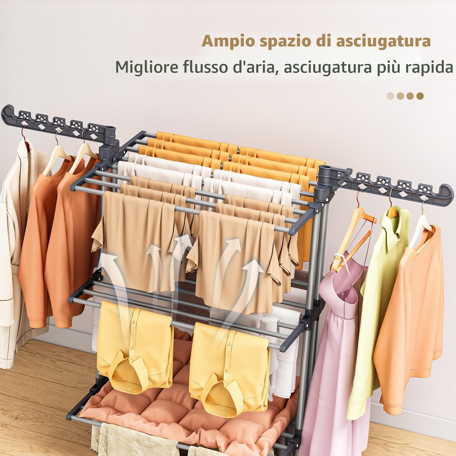 PurKeep Stendino a 4 Ripiani, Grande Capacità – Upgrade Stendino Con Ruote, Stendibiancheria Pieghevole a Torre in Acciaio Inox, Stabile Verticale per Interni/Esterni, Salvaspazio, Grigionero
