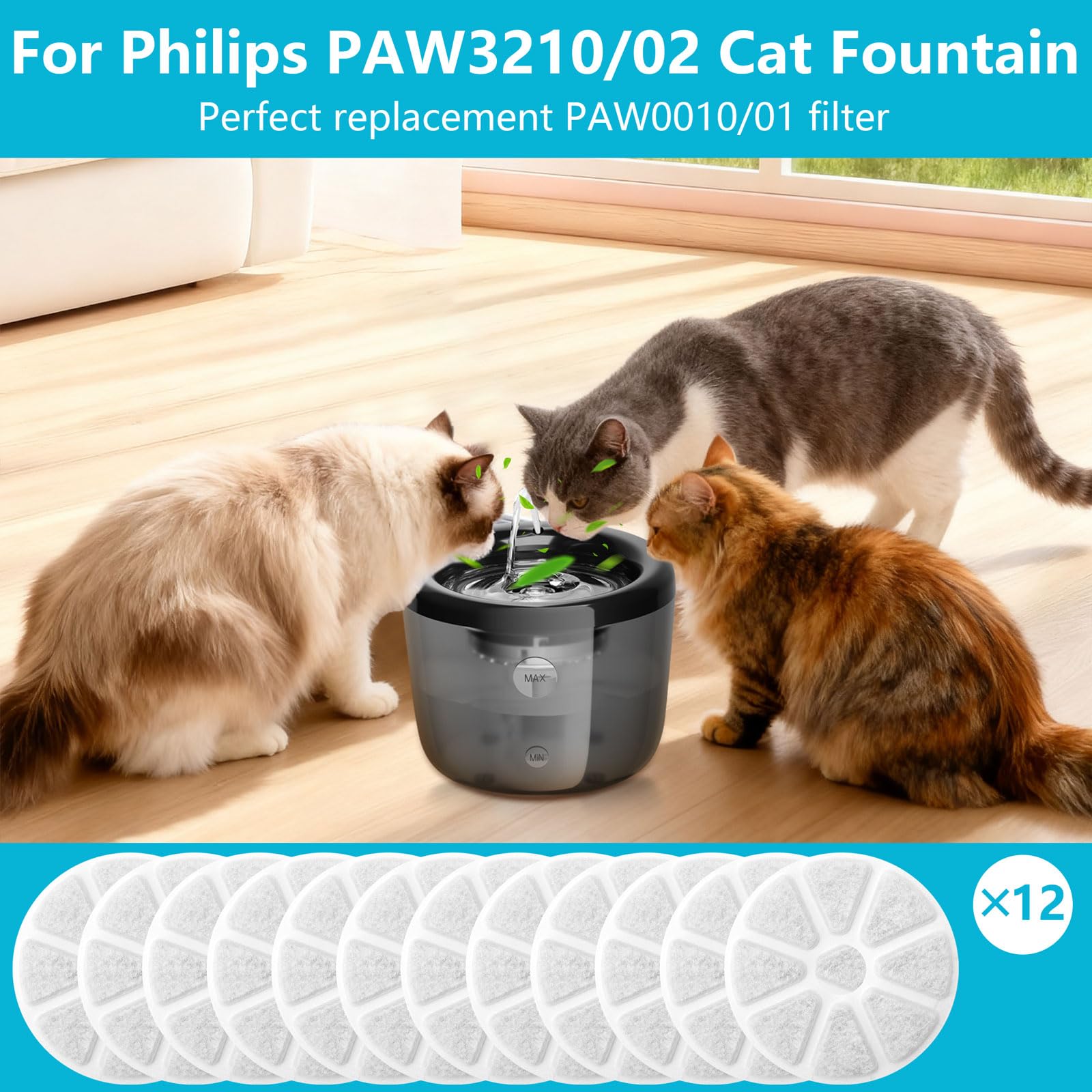 Fontanna dla kotów, 12 sztuk filtrów do fontanny Philips PAW3210/02, potrójny system filtracji, filtr wymienny z węglem aktywnym, wymienny filtr wody, filtr do fontanny dla kotów, filtr wody