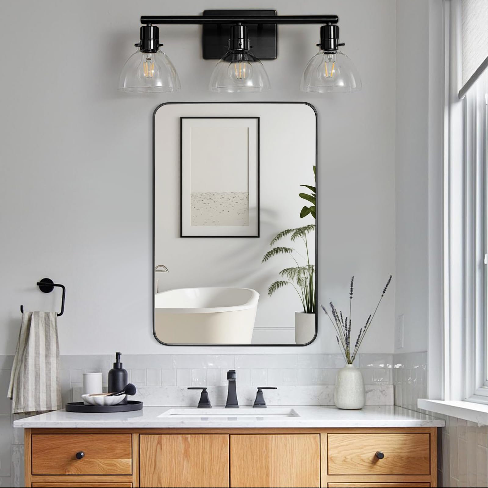 Black Bathroom Mirror 20X30 Inch Rounded Rectangle Wall Mirror Stainless Steel Metal Frame Vanity Mirror Anti-Rust for Entryway